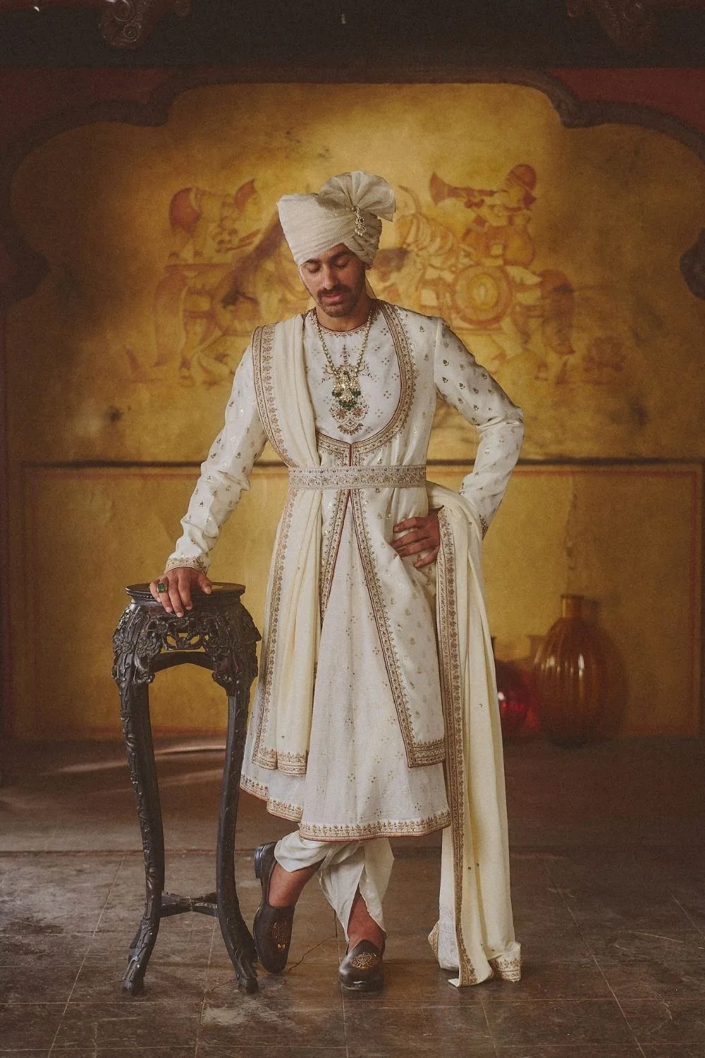 Havish Angrakha by Jigar Mali, ivory sherwani, view 3