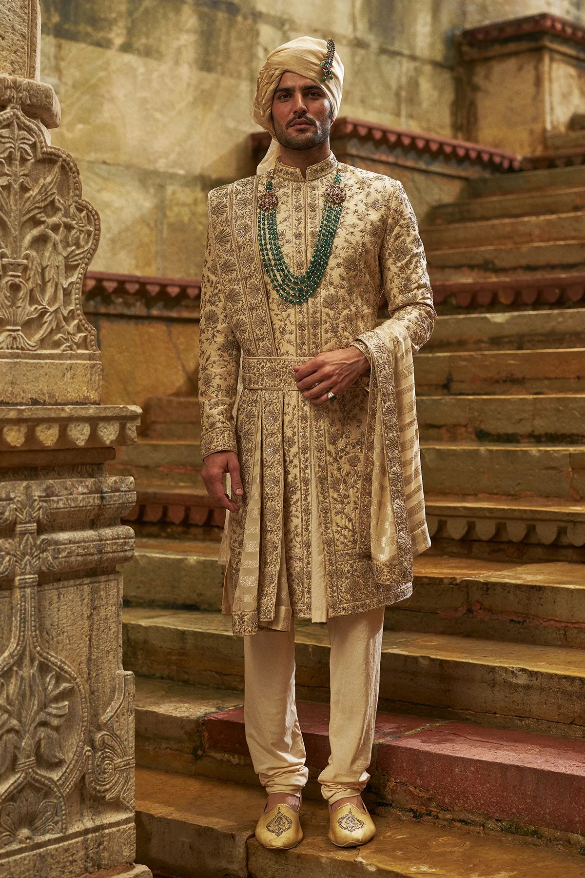Cream Applique Sherwani Set by Nitika Gujral, view 3