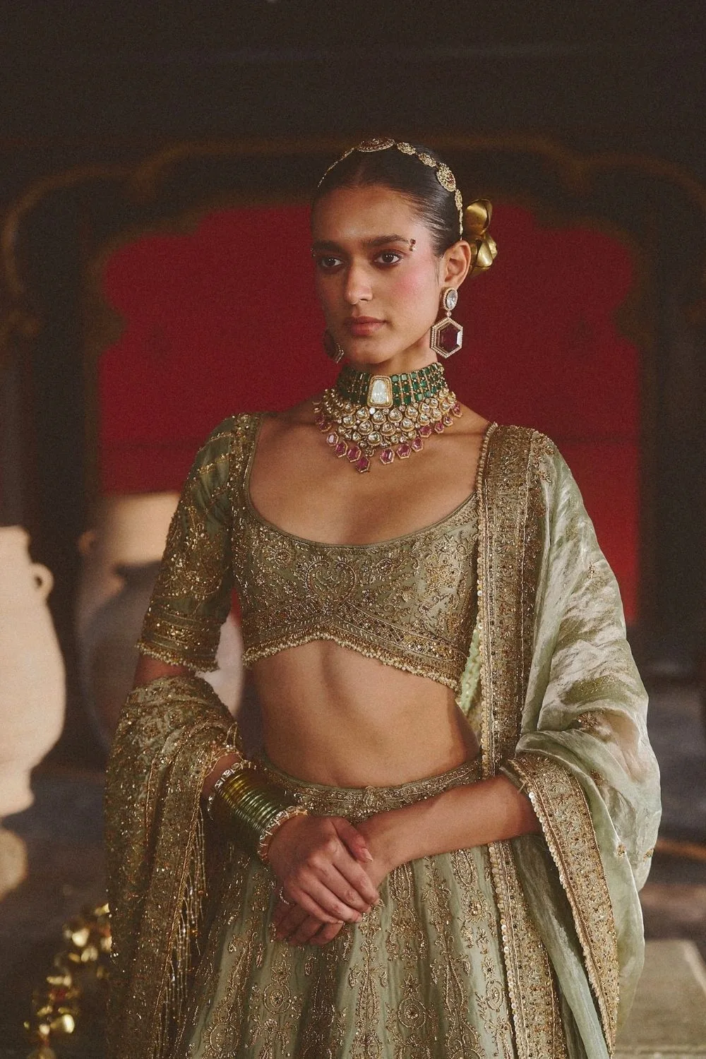 Aradhya Lehenga Set by Jigar Mali in sage, view 4