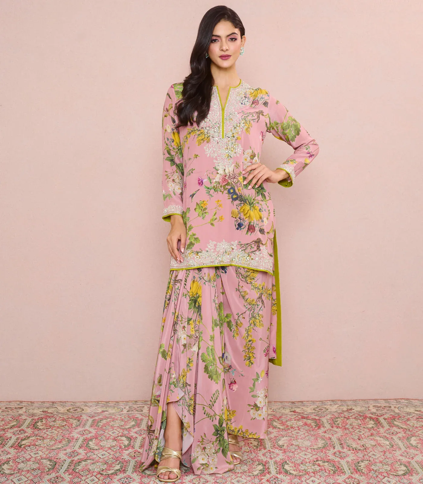 Peach Printed Crystal High Low Kurta Set by Anushree Reddy