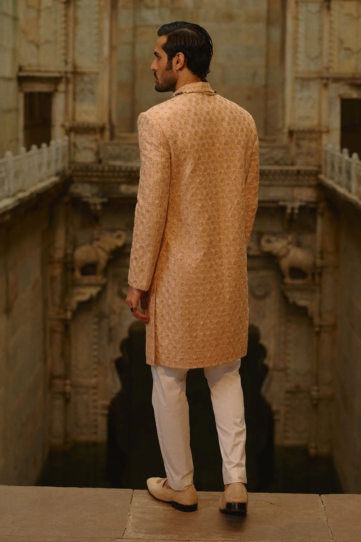Peach Geometric Sherwani Set by Nitika Gujral, view 3