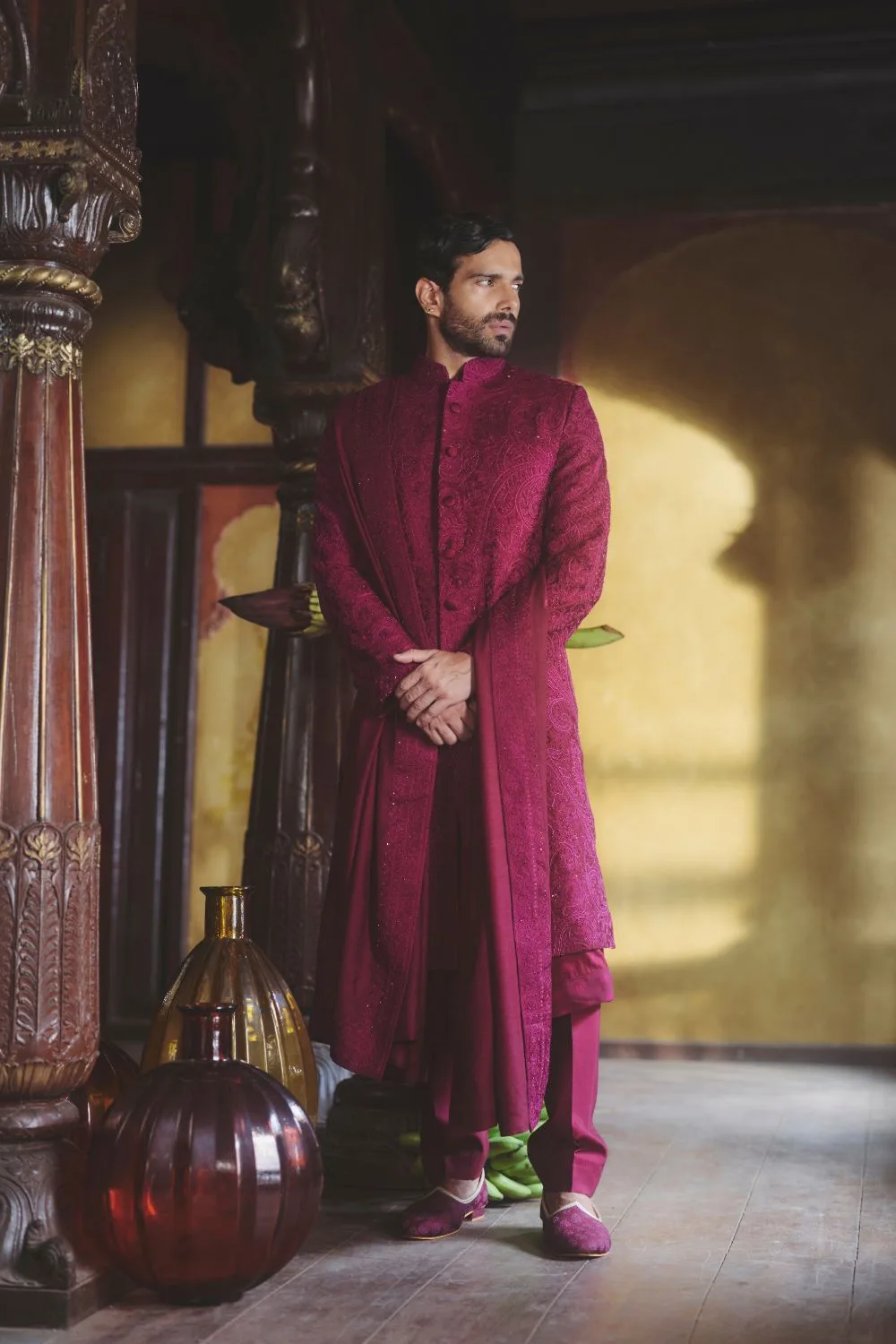 Archit Sherwani by Jigar Mali in wine, view 3