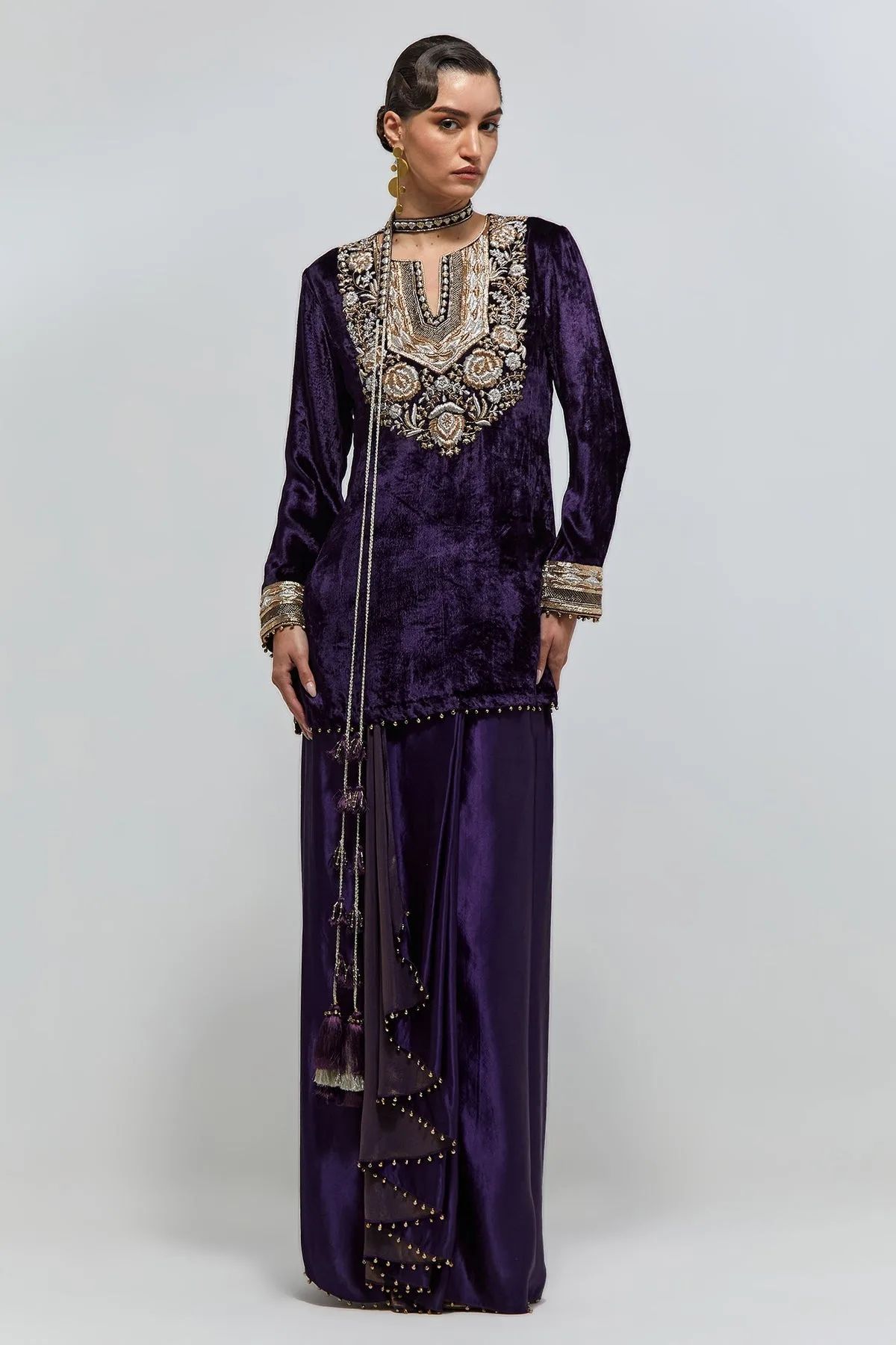 Zehra Purple Velvet Embroidered Yoke And Sleeves Kurta With Dhoti Skirt And Belt by Payal Singhal