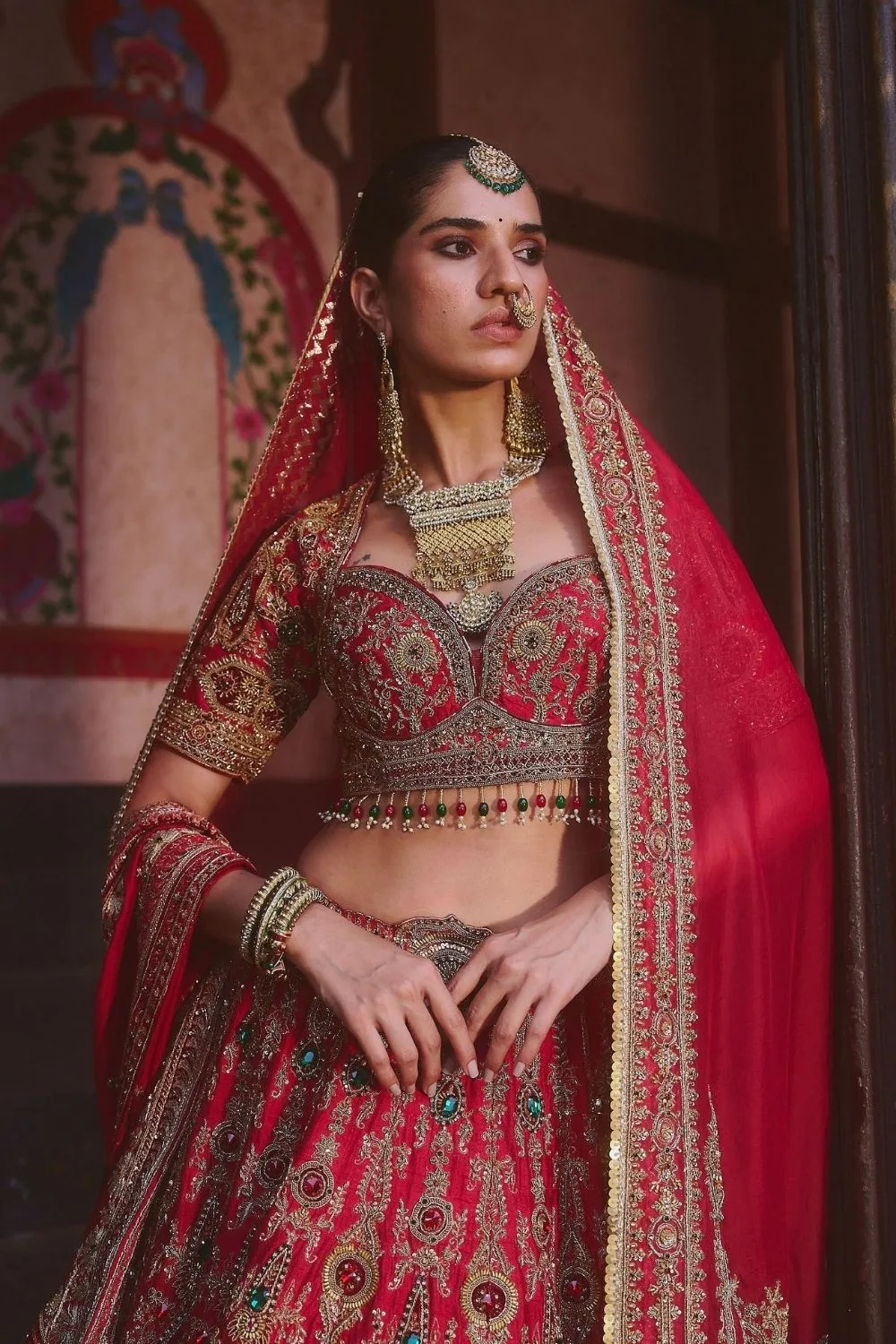Navami Lehenga Set by Jigar Mali in red, view 4