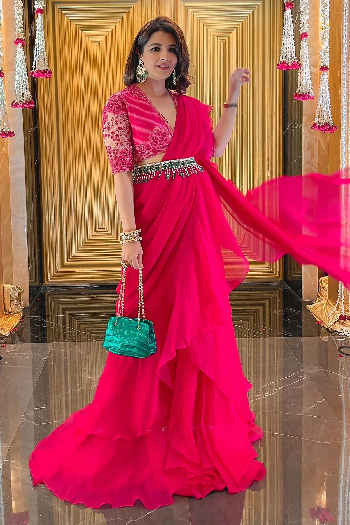 natasha luthra IN Flann by Ridhi Mehra, champagne sari
