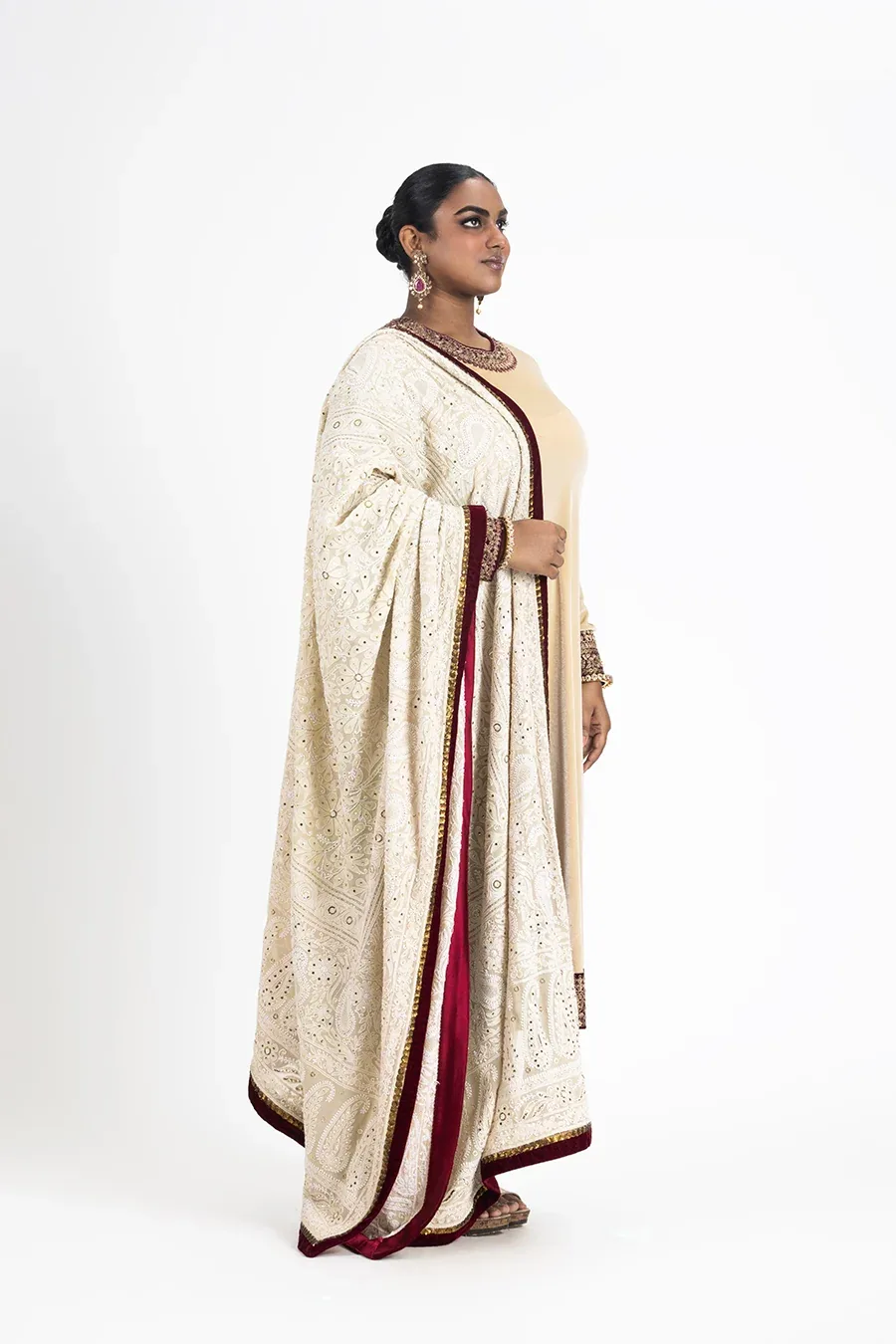 Beige Velvet Kurta Palazzo with Chikankari Dupatta by Nitika Gujral