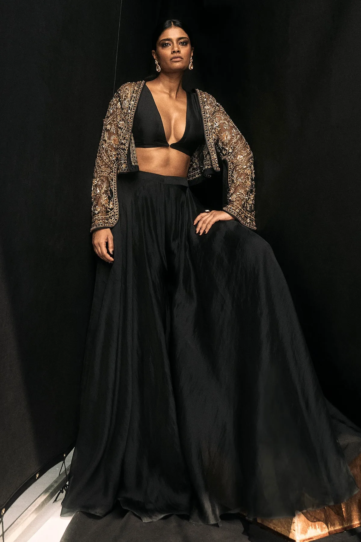 Front Row Sharara Jacket Set by Ridhi Mehra, black sari