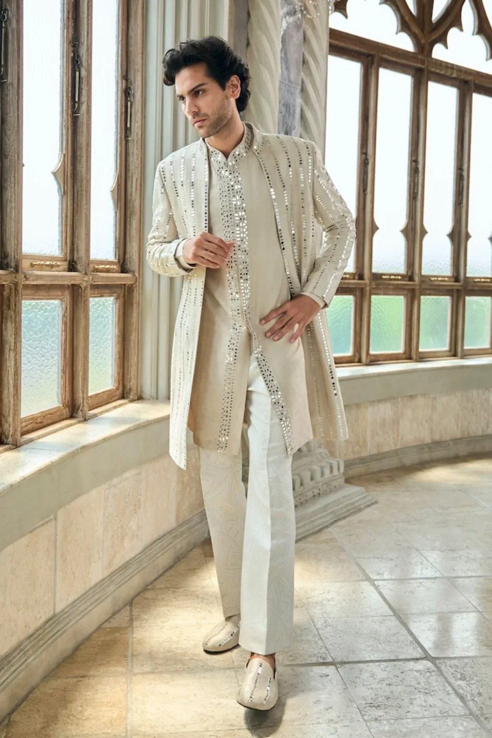Beige Mirror Work Sherwani Set by Seema Gujral