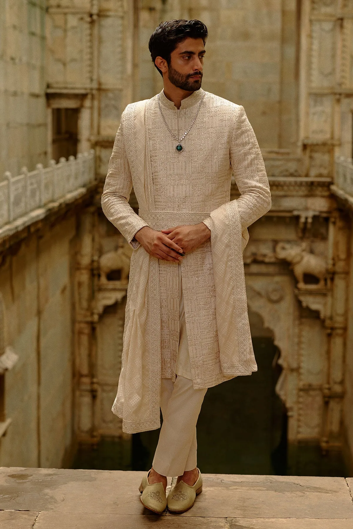 Beige Geometric Sherwani Set by Nitika Gujral