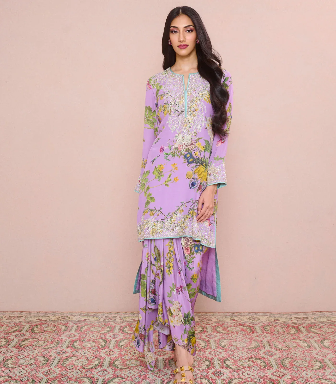 Lavender Printed Mahek High Low Kurta Set by Anushree Reddy