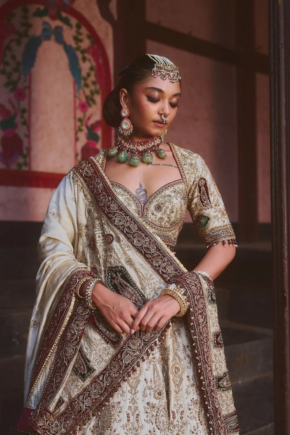 Vandana Lehenga Set by Jigar Mali in beige, view 4