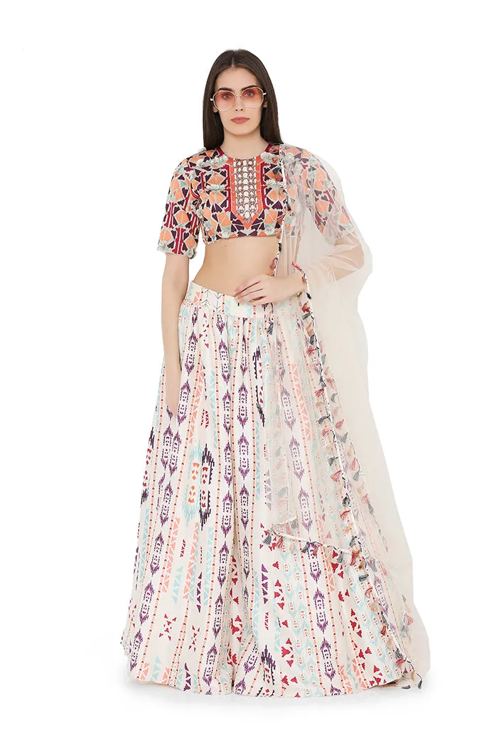 Cream Colour Crepe Back Tie-Up Choli with Net Dupatta and Printed Lehenga by Payal Singhal