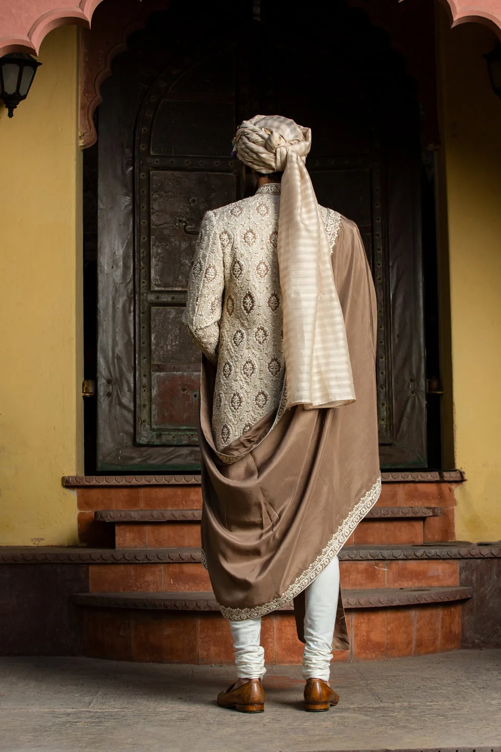 Beige Brown Raw Silk Patchwork Embroidered Achkan with Monga Kurta and Churidar by Nitika Gujral, beige sherwani, view 4