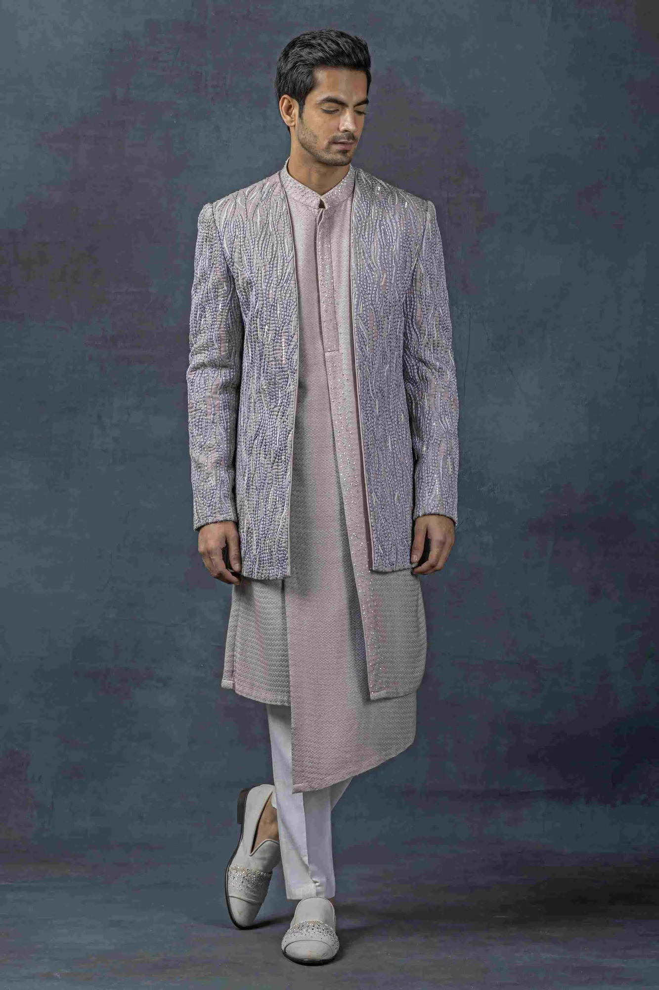Lavender Pearl Work Open Bandhgala Set by Sarab Khanijou