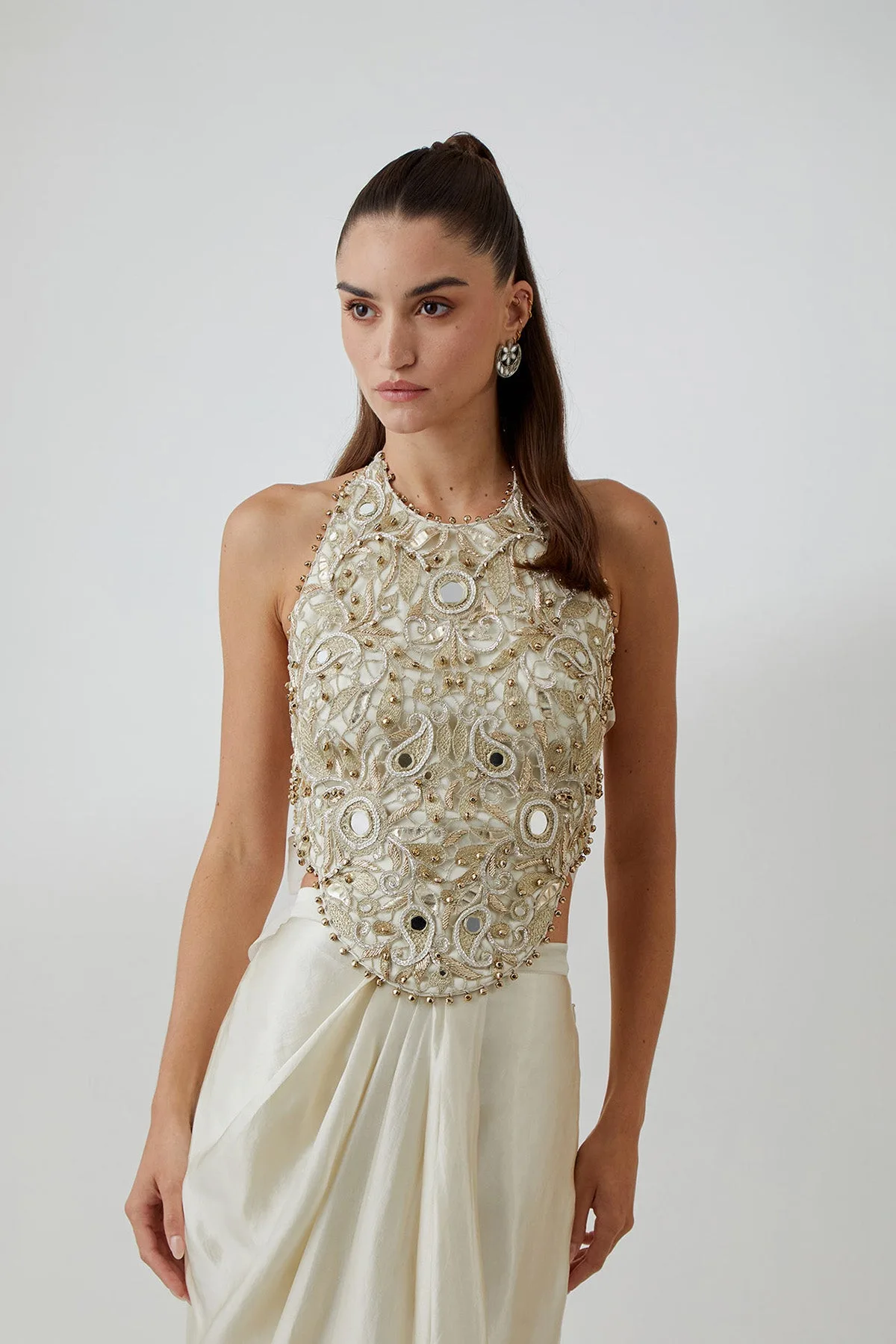 Stone Organza Embroidered Choli With Tissue Lungi Skirt by Payal Singhal, skirt set, view 4