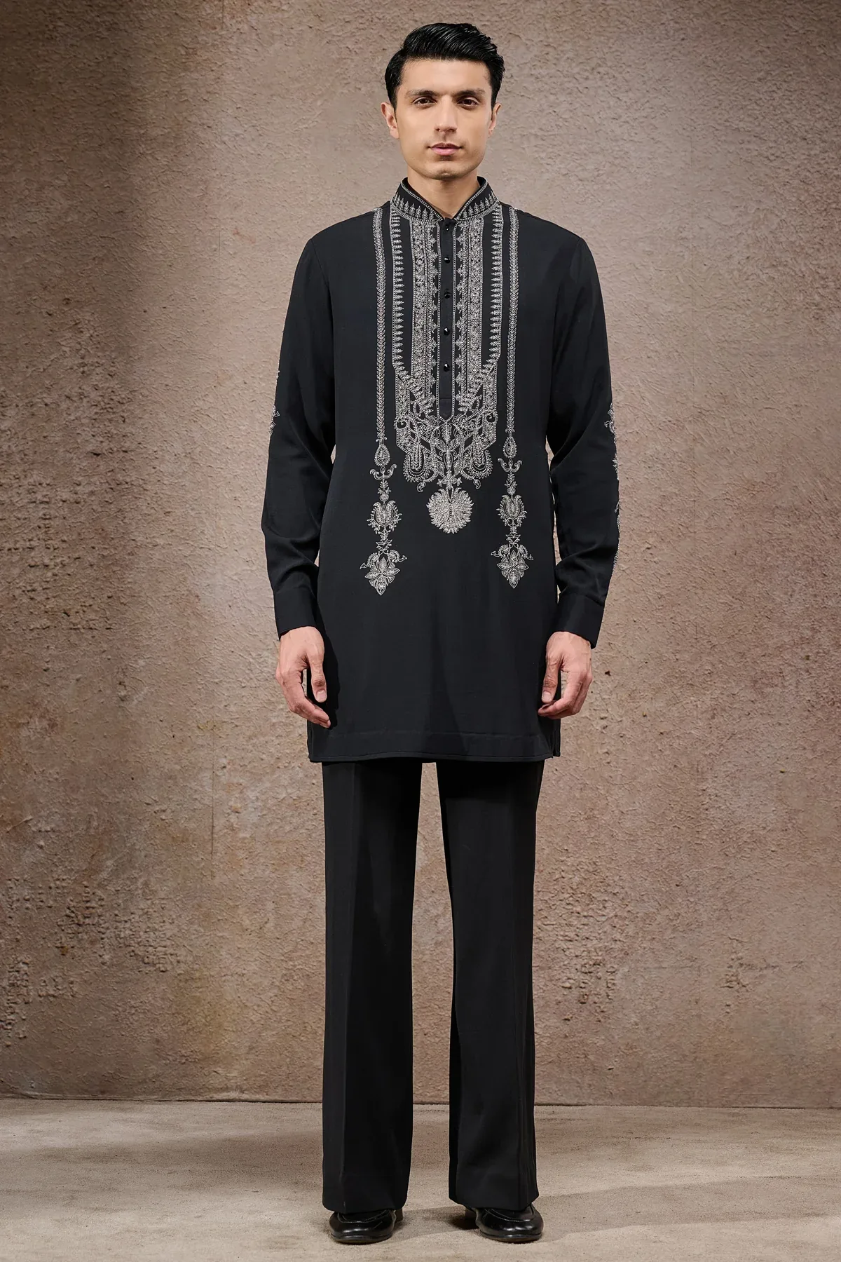 Golden Light Pearl Embroidered Short Kurta With Tousers by Tarun Tahiliani