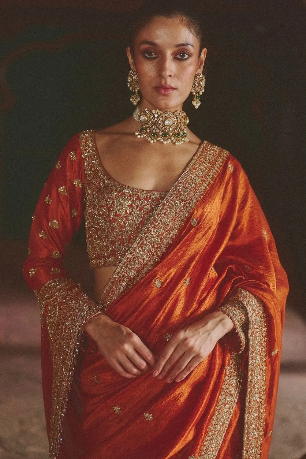 Shachi Silk Saree by Jigar Mali in rust, view 2