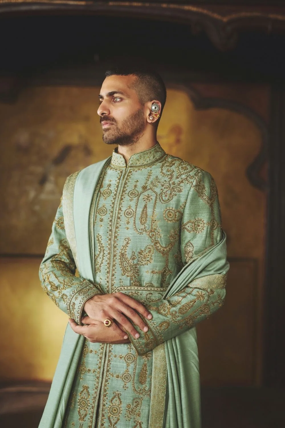 Manthan Sherwani by Jigar Mali in sage, view 4