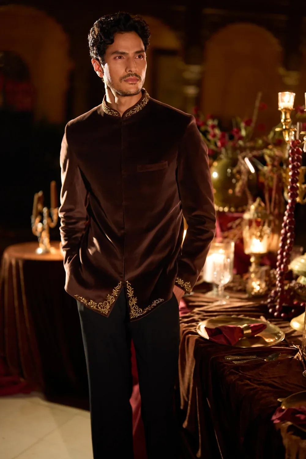 Brown Velvet Bandhgala Set by Seema Gujral