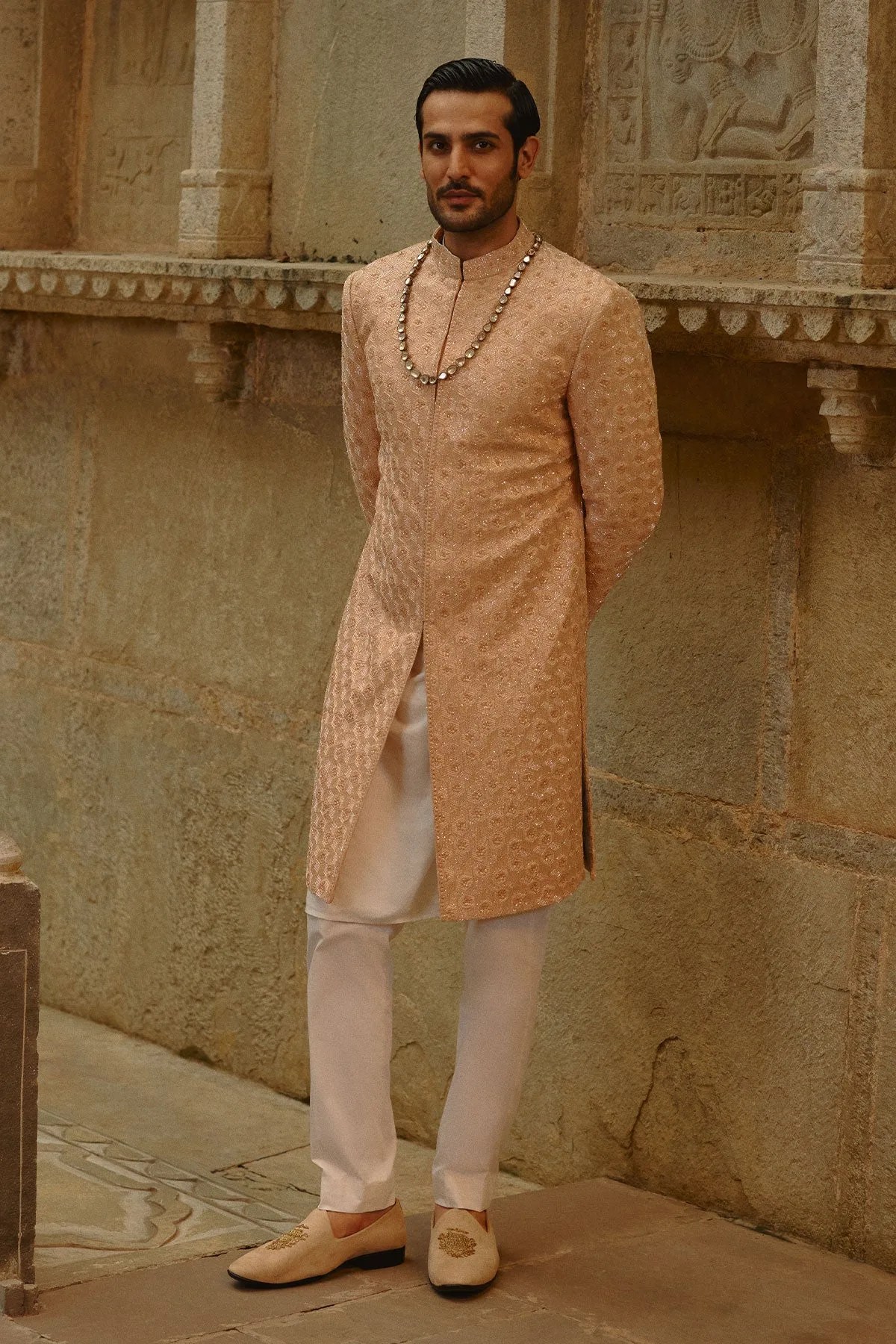 Peach Geometric Sherwani Set by Nitika Gujral, view 4