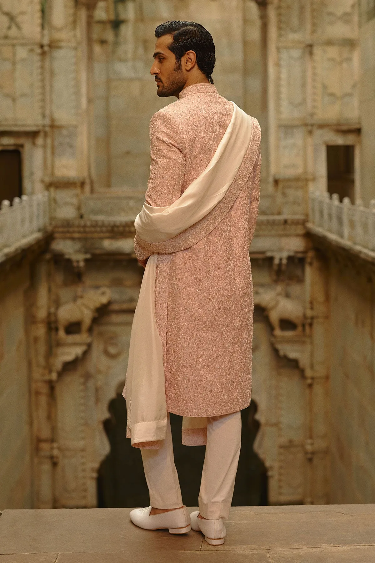 Blush Pink Tafetta Silk Sherwani Set by Nitika Gujral, view 4