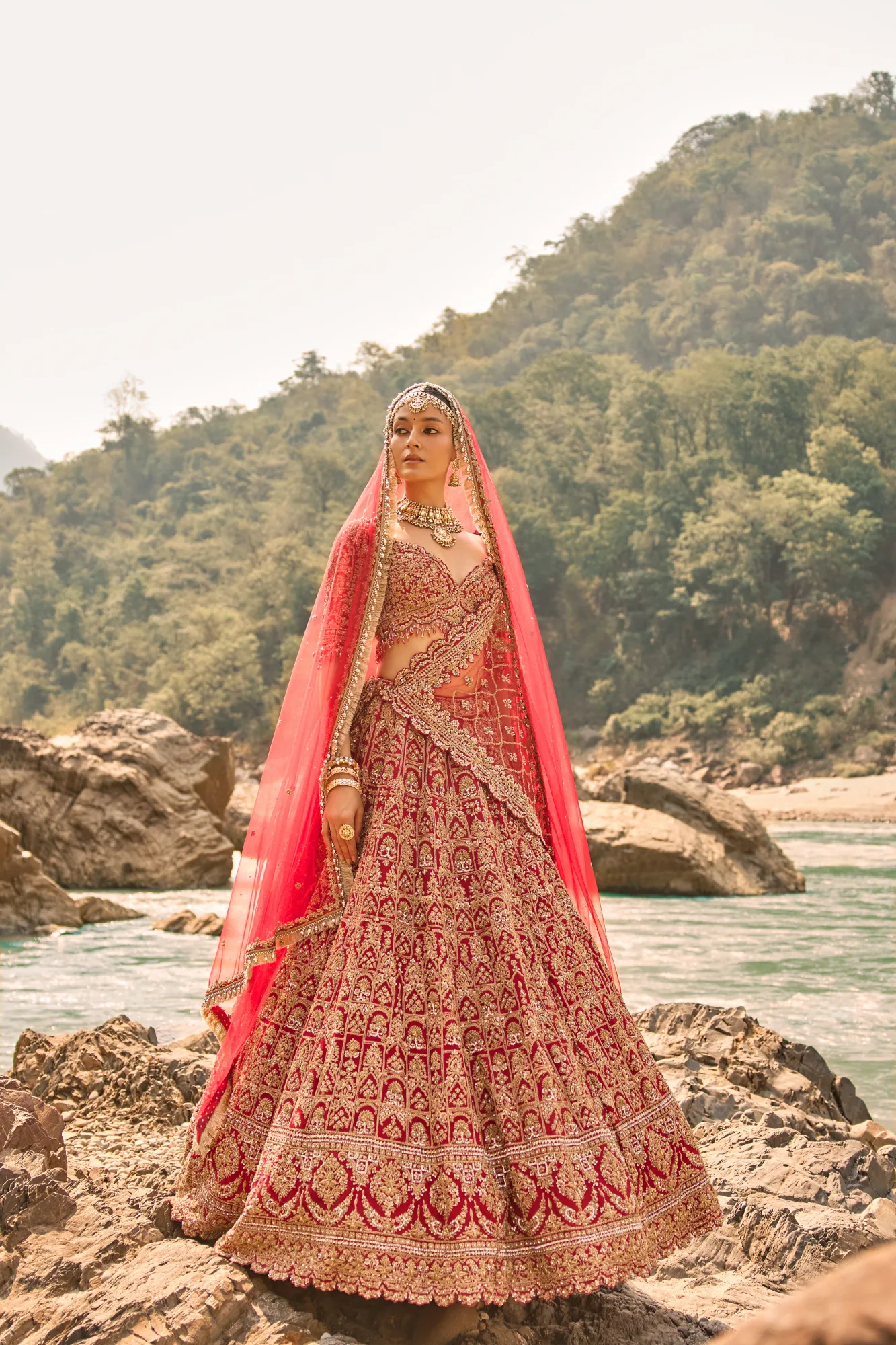 Flame Red Heritage Lehenga by Nitika Gujral