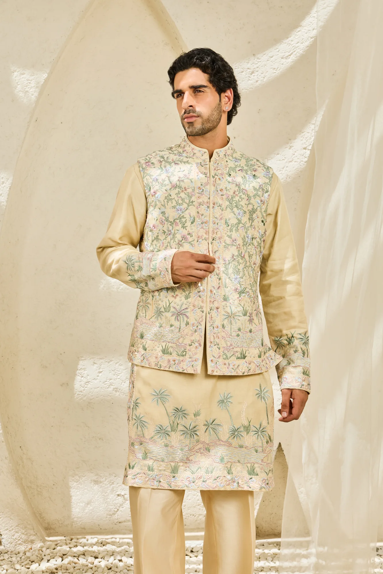 Beige Tropica Waistcoat Set by Sarab Khanijou