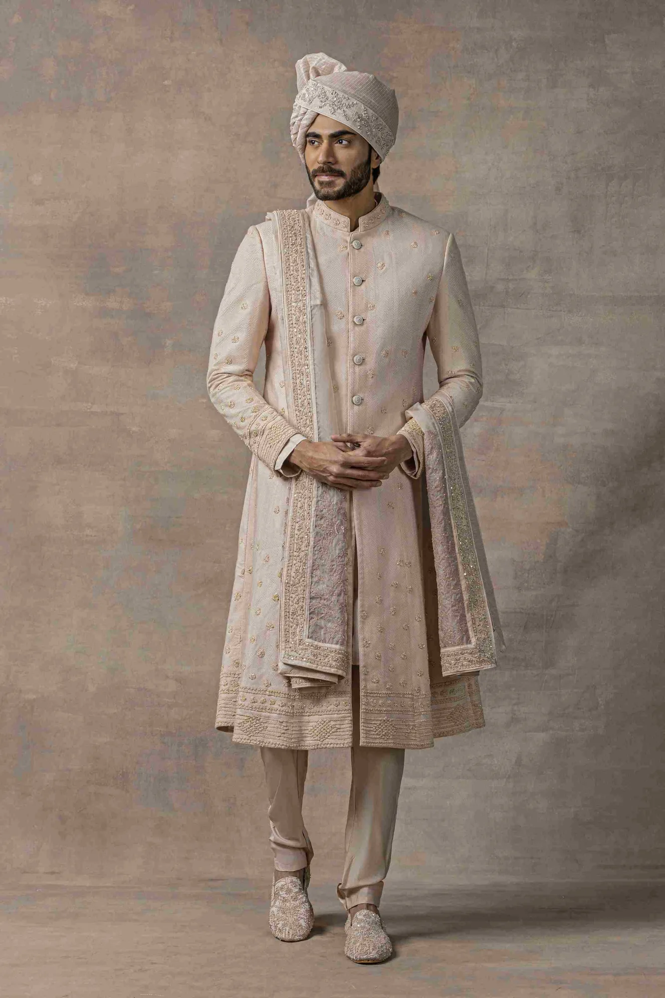 Dusty Rose Anarkali Panel Sherwani by Sarab Khanijou