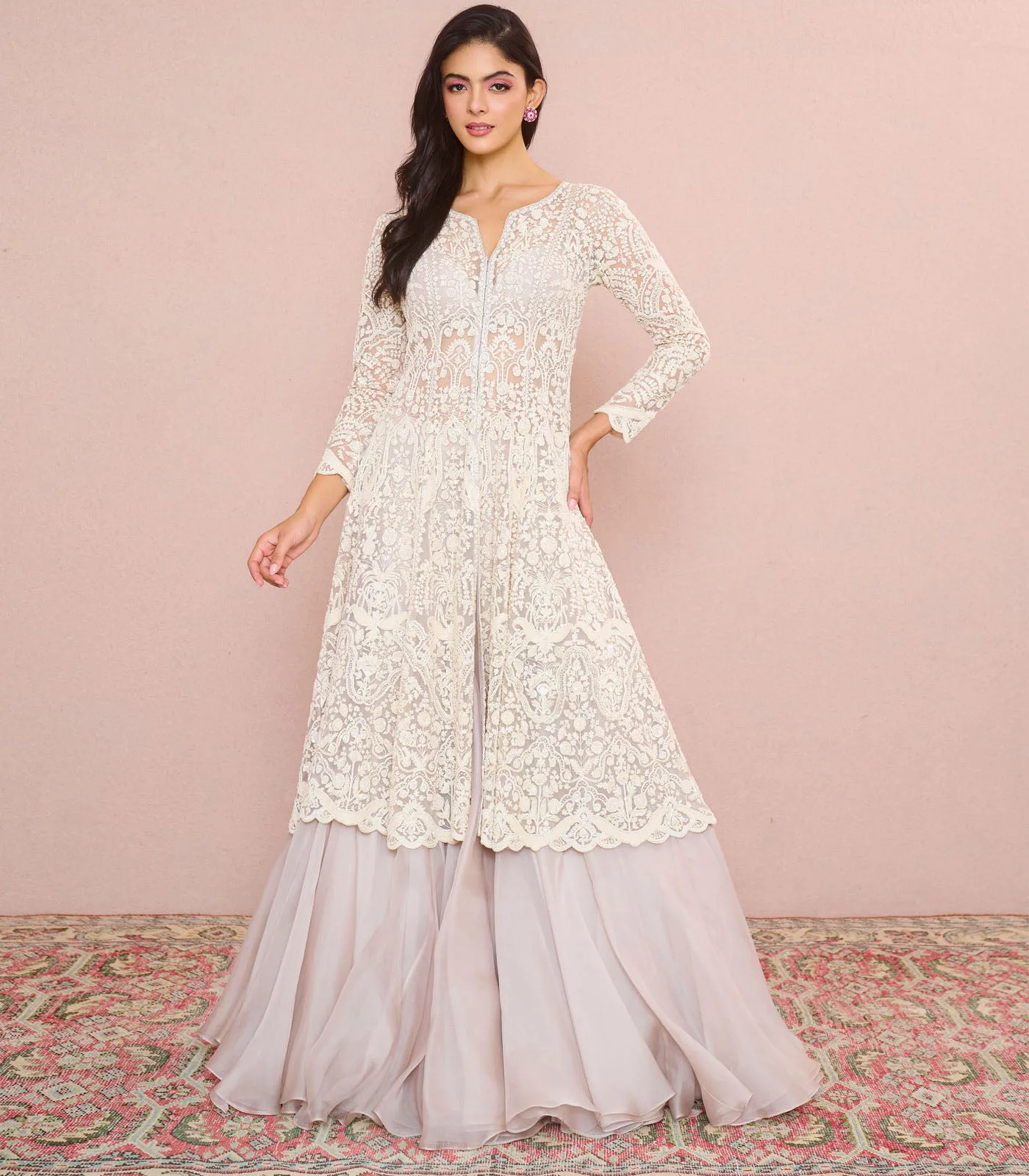 Ivory Carmine Jacket Skirt Set by Anushree Reddy