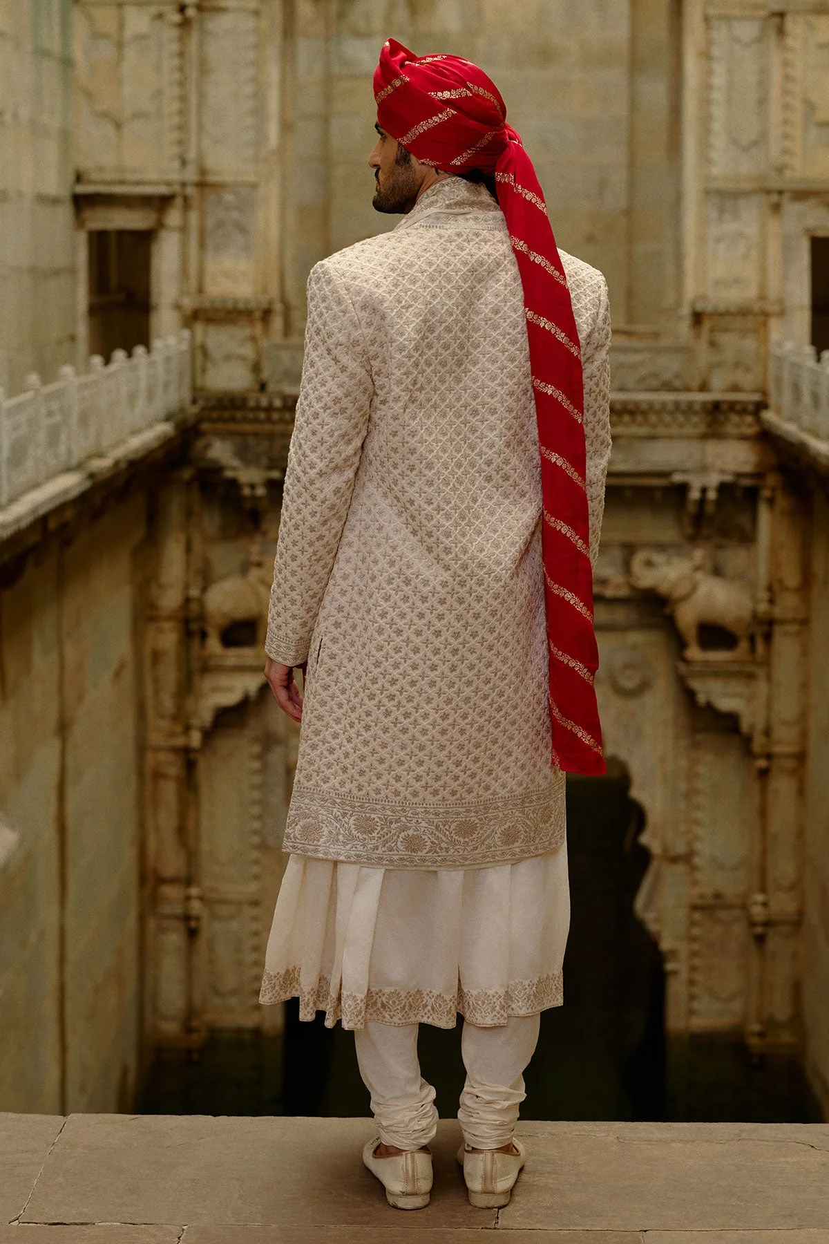 Cream Worked Sherwani Set by Nitika Gujral, view 3