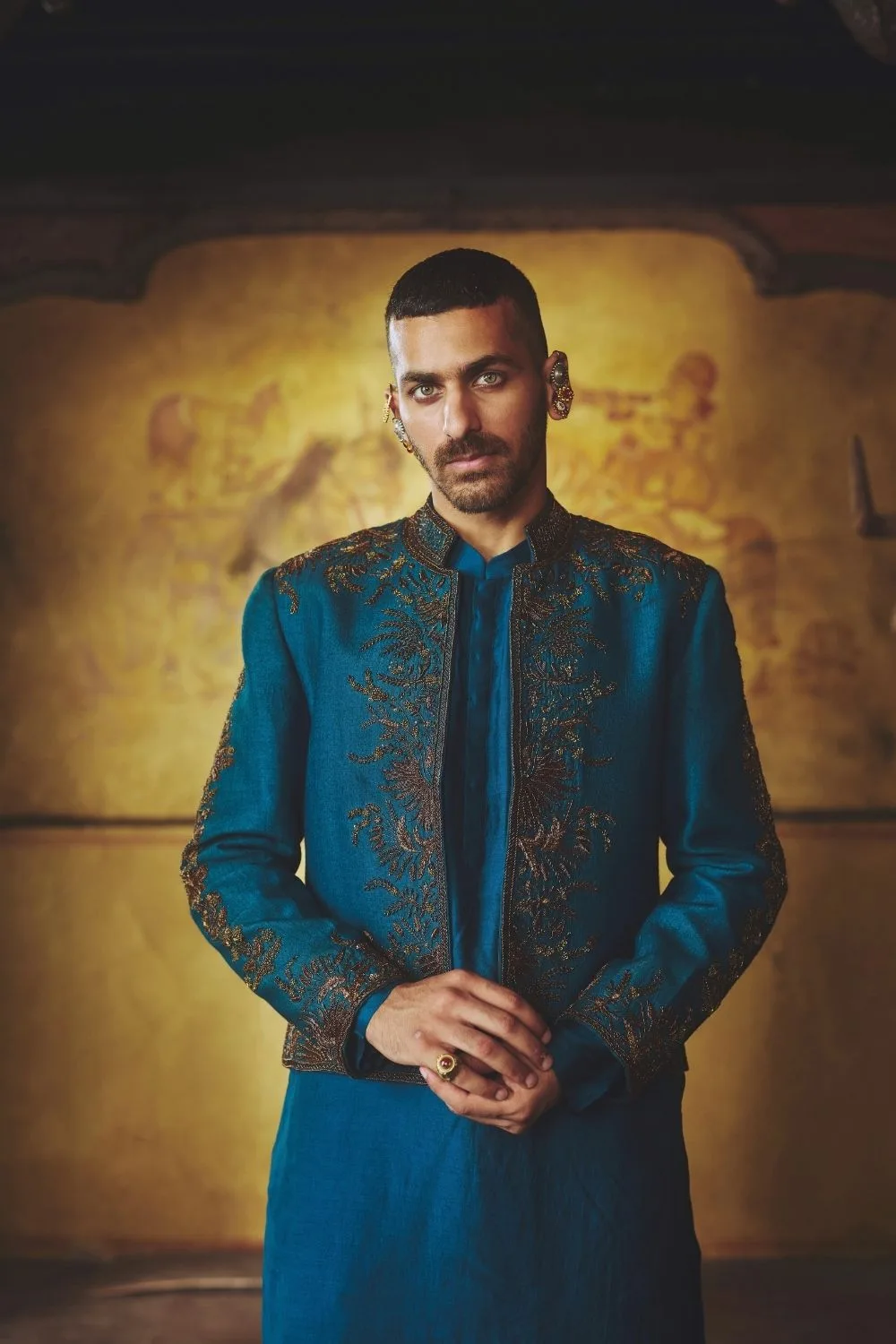 Vratesh Jacket Set by Jigar Mali in teal, view 2