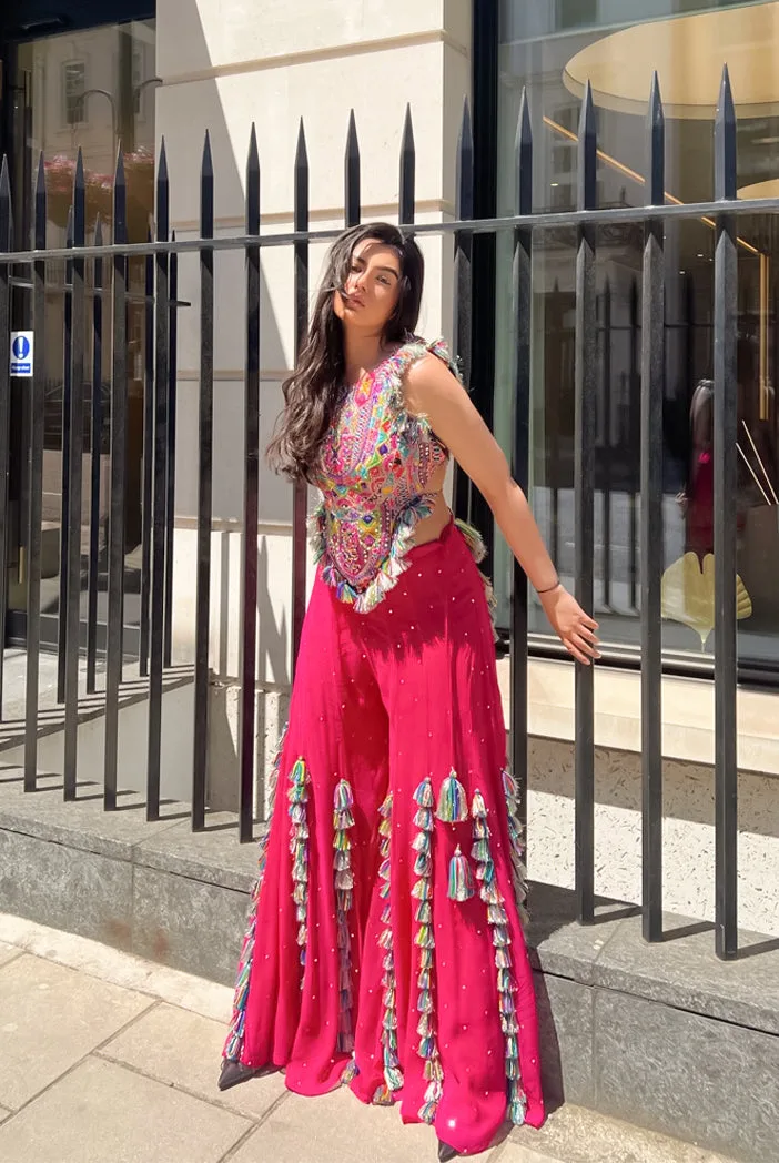 Hot Pink Georgette Embroidered Top With Mukaish Georgette Sharara by Payal Singhal