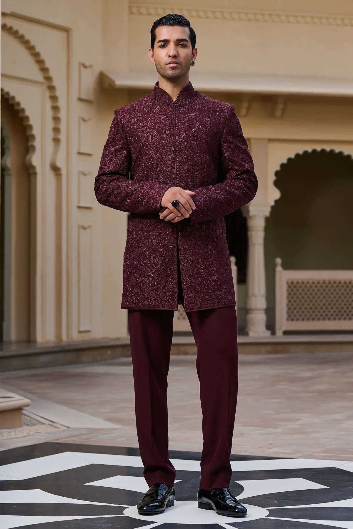 Golden Light Tonal Embroidered Bandhgala Set by Tarun Tahiliani
