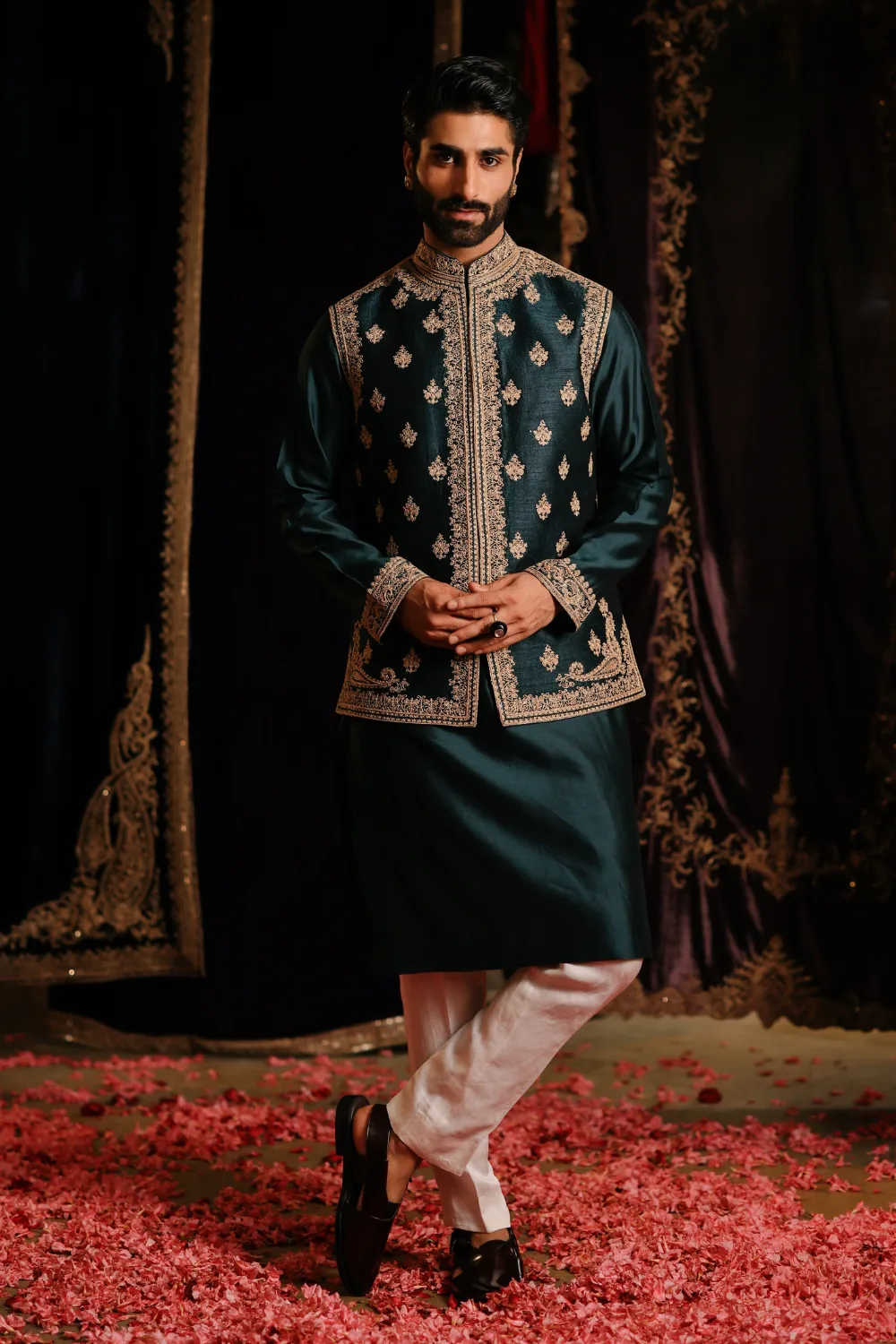 Hasan Jacket Set by Jigar Mali in bottle green