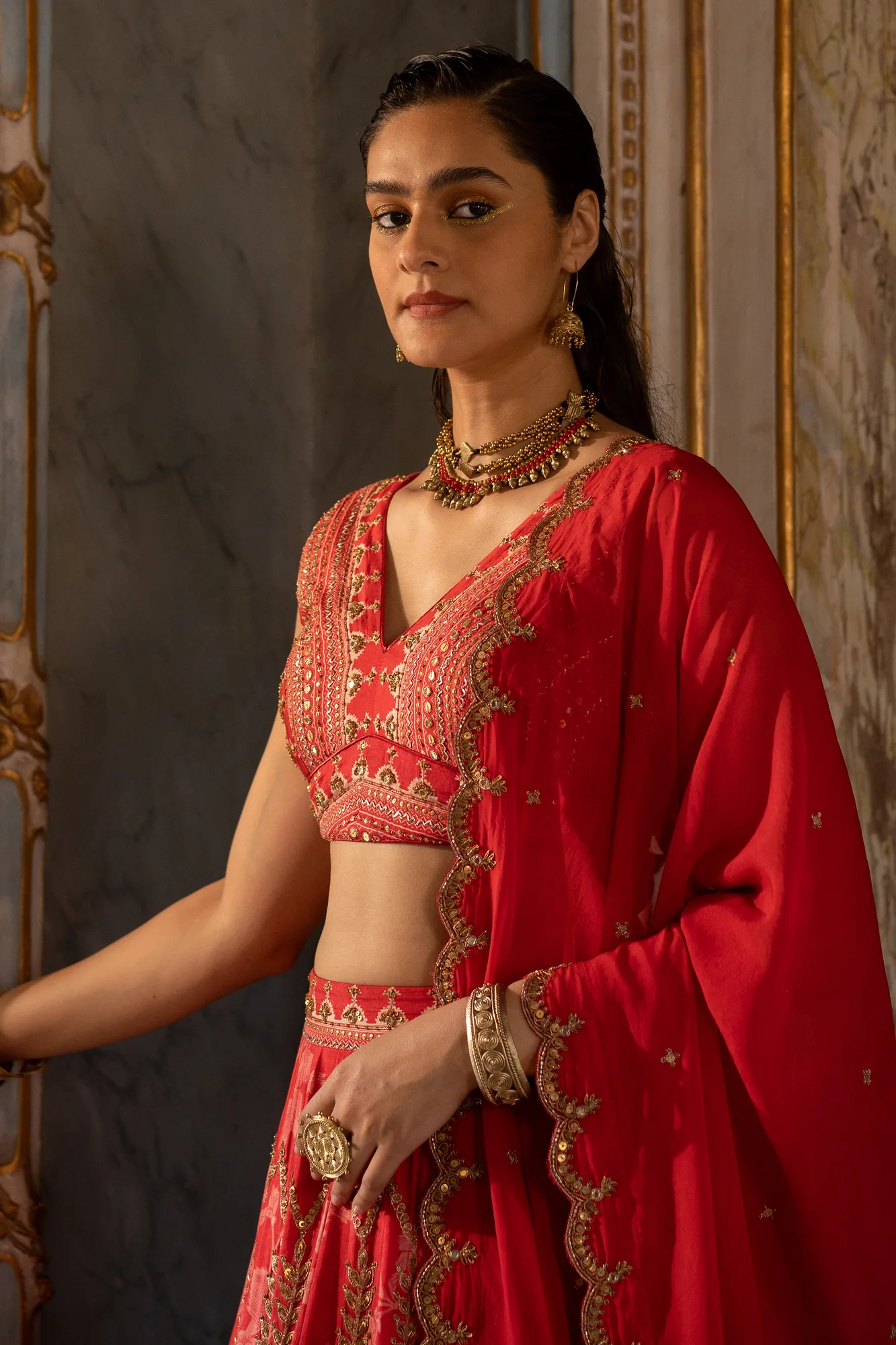 Eyana Lehenga Set by Paulmi And Harsh in red, view 2