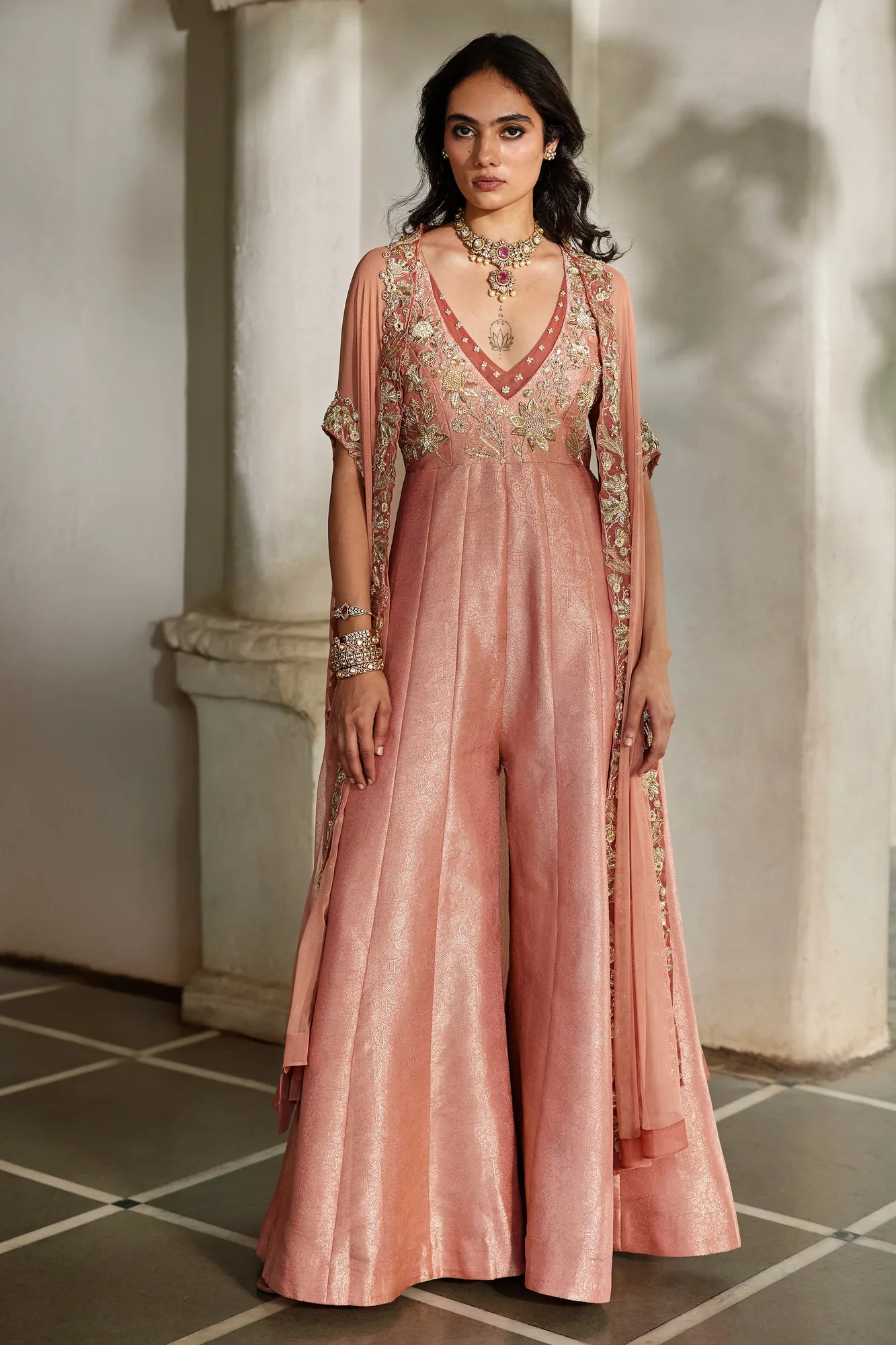 Mira Cape Jumpsuit Set by Paulmi And Harsh, peach cape set
