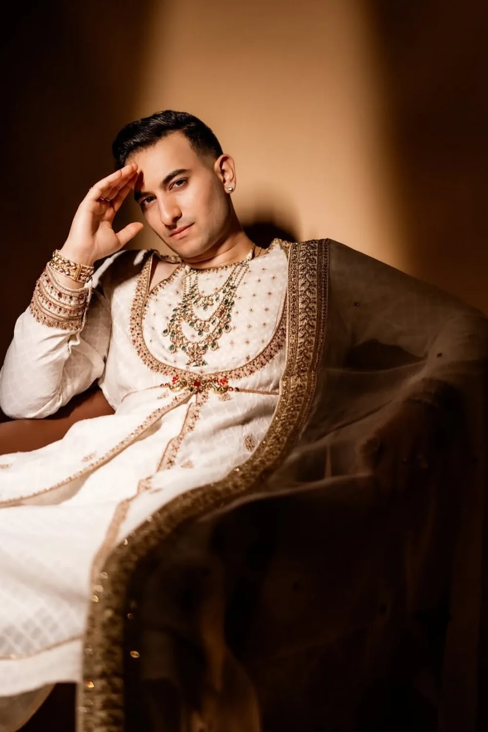 Rishabh Sharma in Ivory Angrakha Set by Jigar Mali, ivory sherwani, view 2