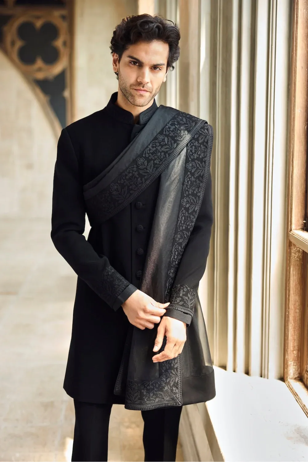 Black Thread Work Sherwani Set by Seema Gujral