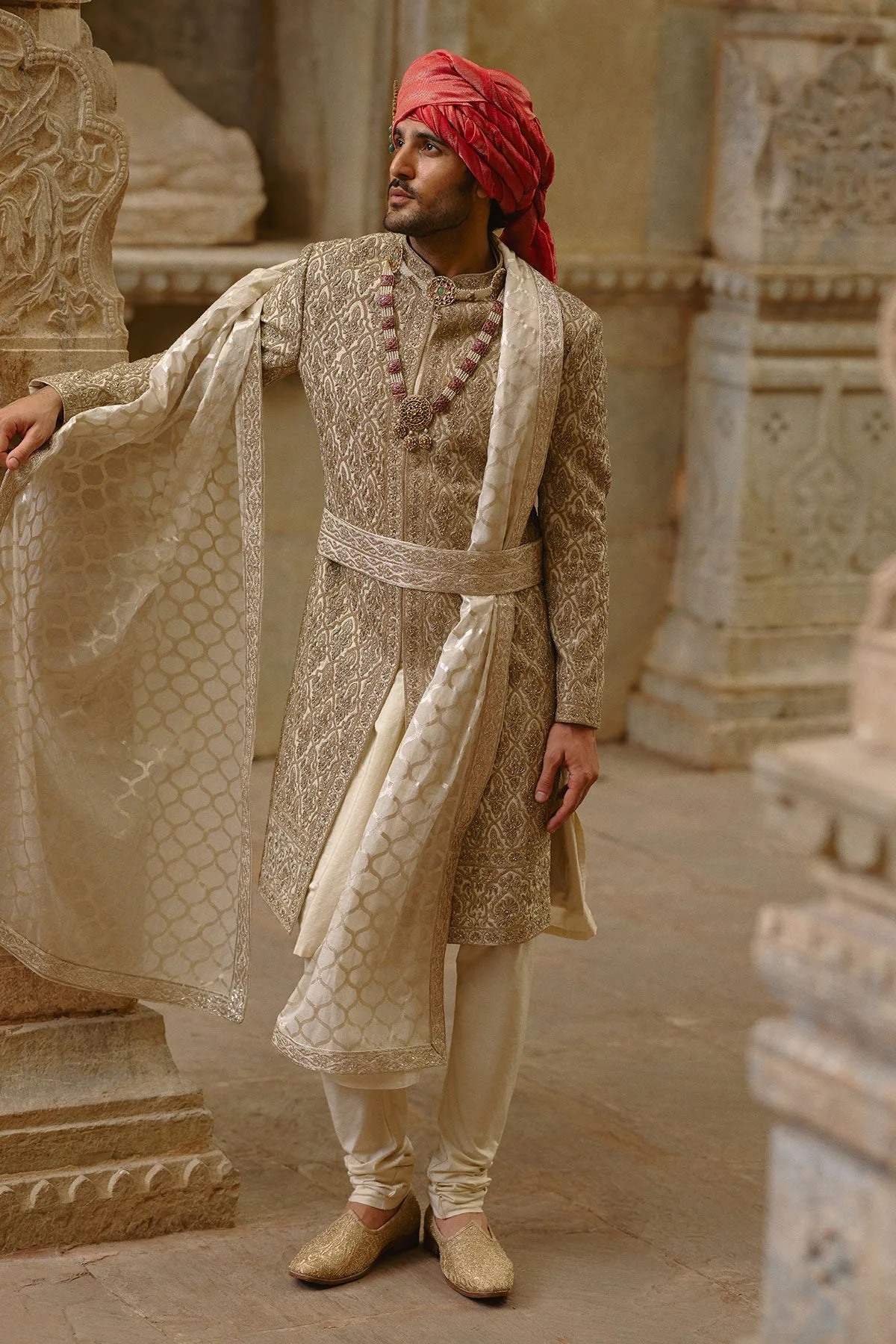 Gold Twill Sherwani Set by Nitika Gujral, view 2