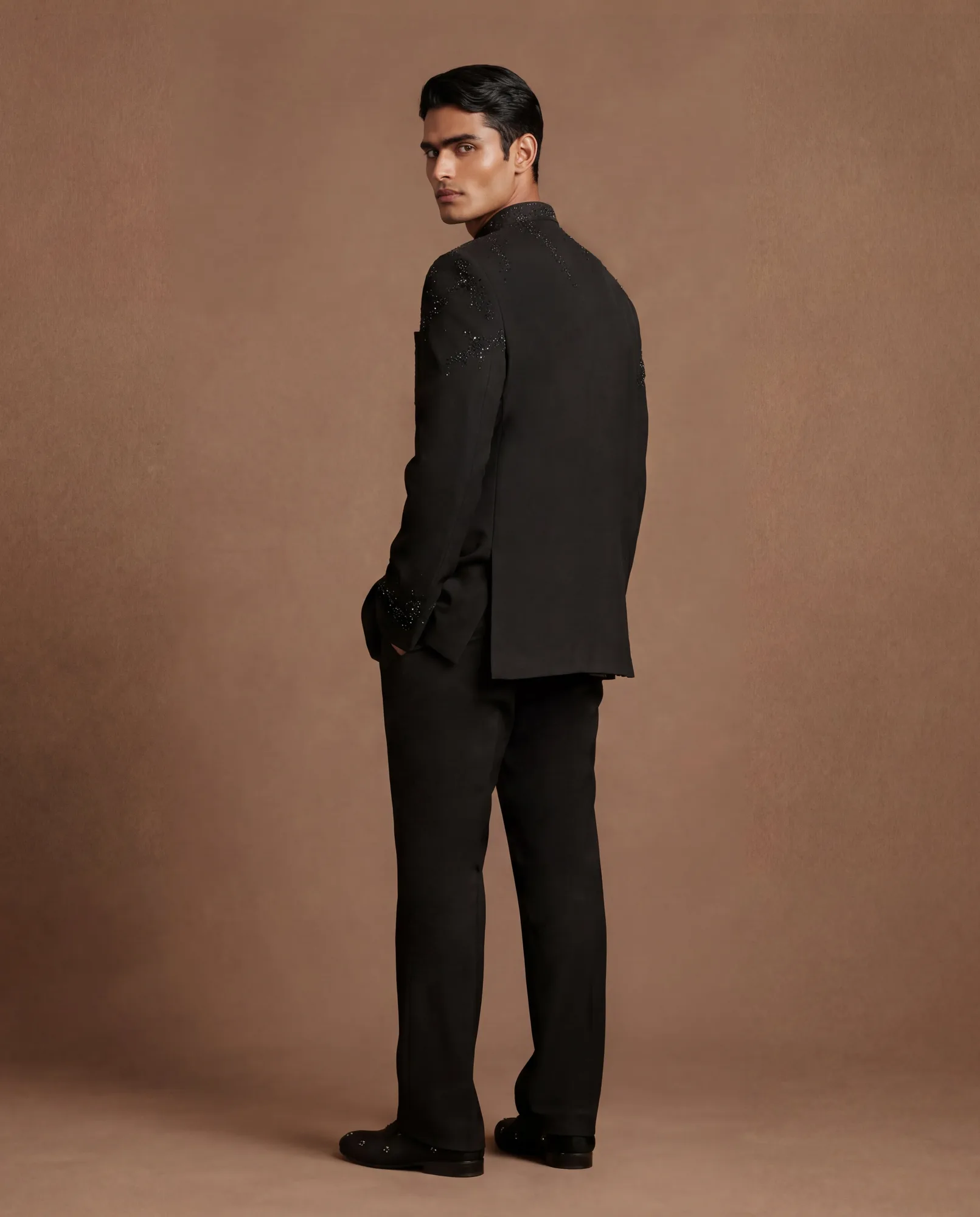 Kestrin Bandhgala Set by Dolly J, charcoal grey jacket, view 4
