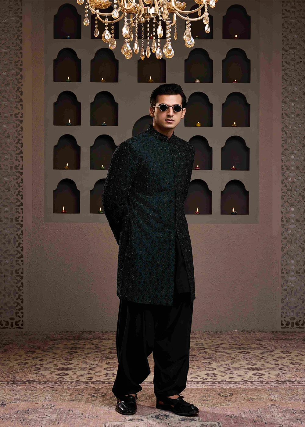 Green Achkan Black Emb Kurta Patiyala Salwar by Nitika Gujral, green sherwani, view 3