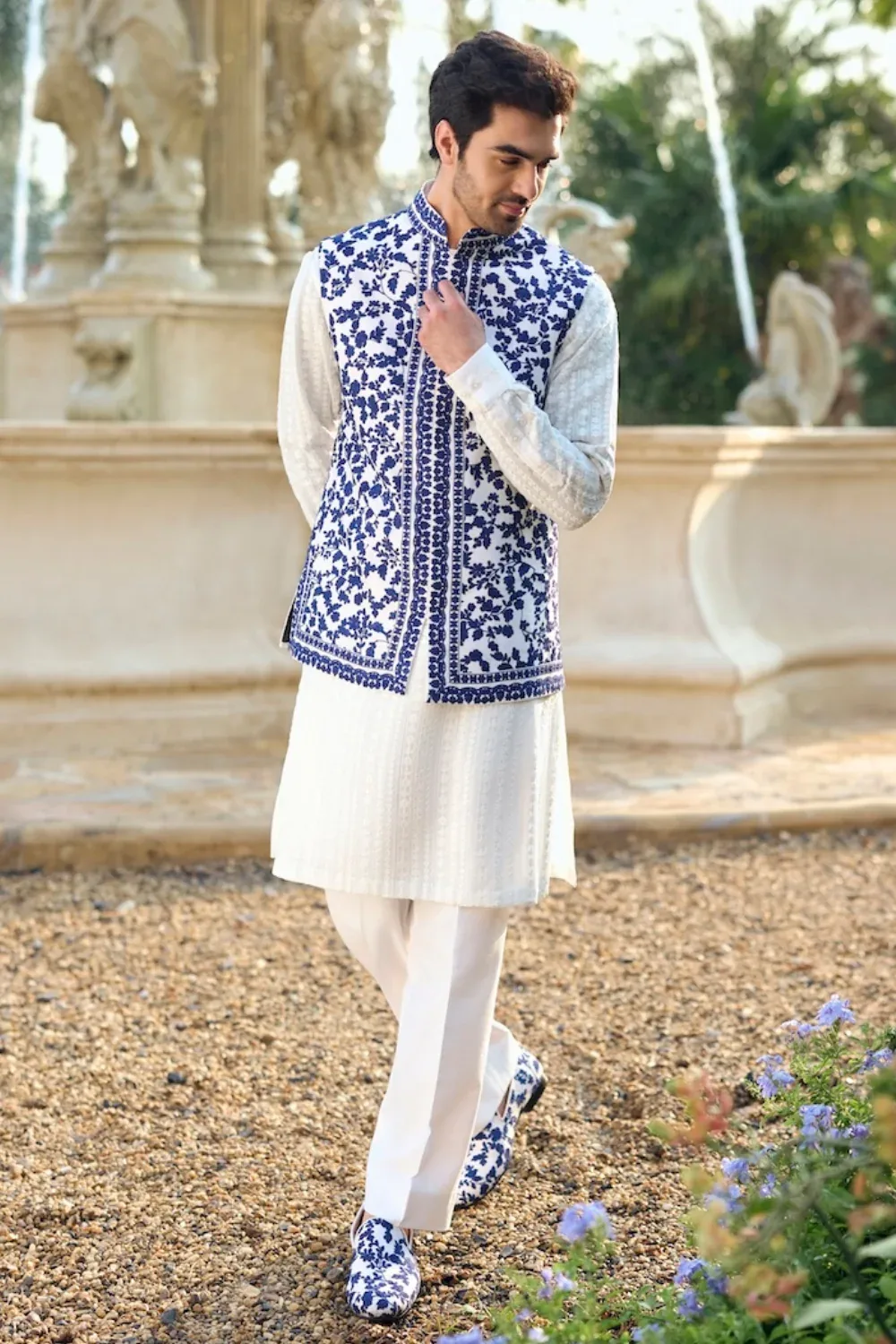 Blue Thread Work Bundi Set by Seema Gujral