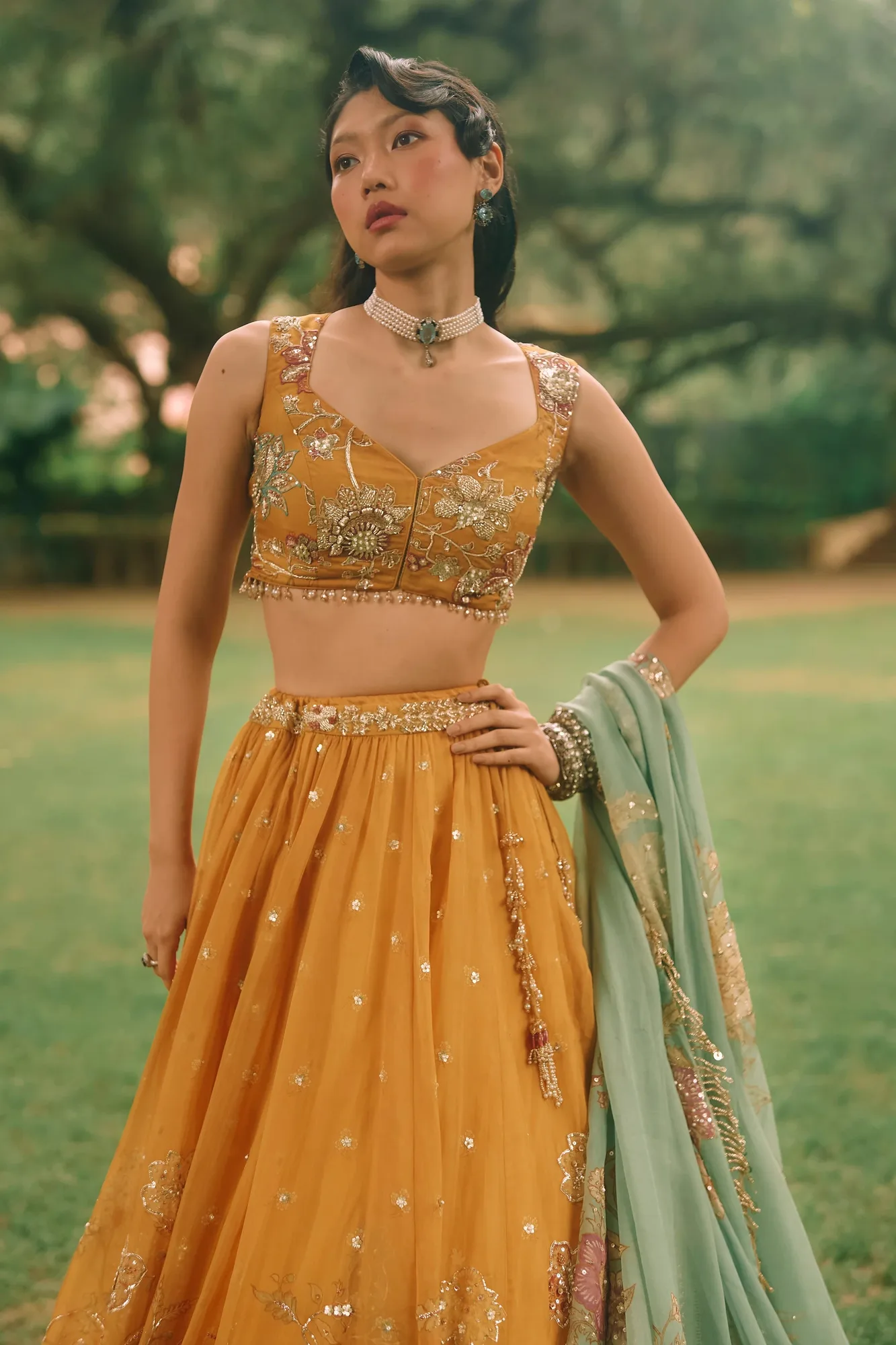 Elinor Lehenga by Paulmi And Harsh in mustard, view 3