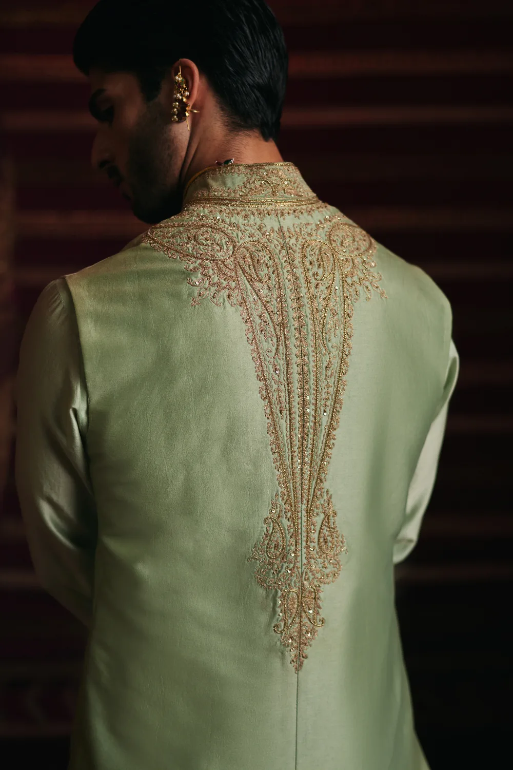 Arnav Jacket Set by Jigar Mali in sage green, view 4