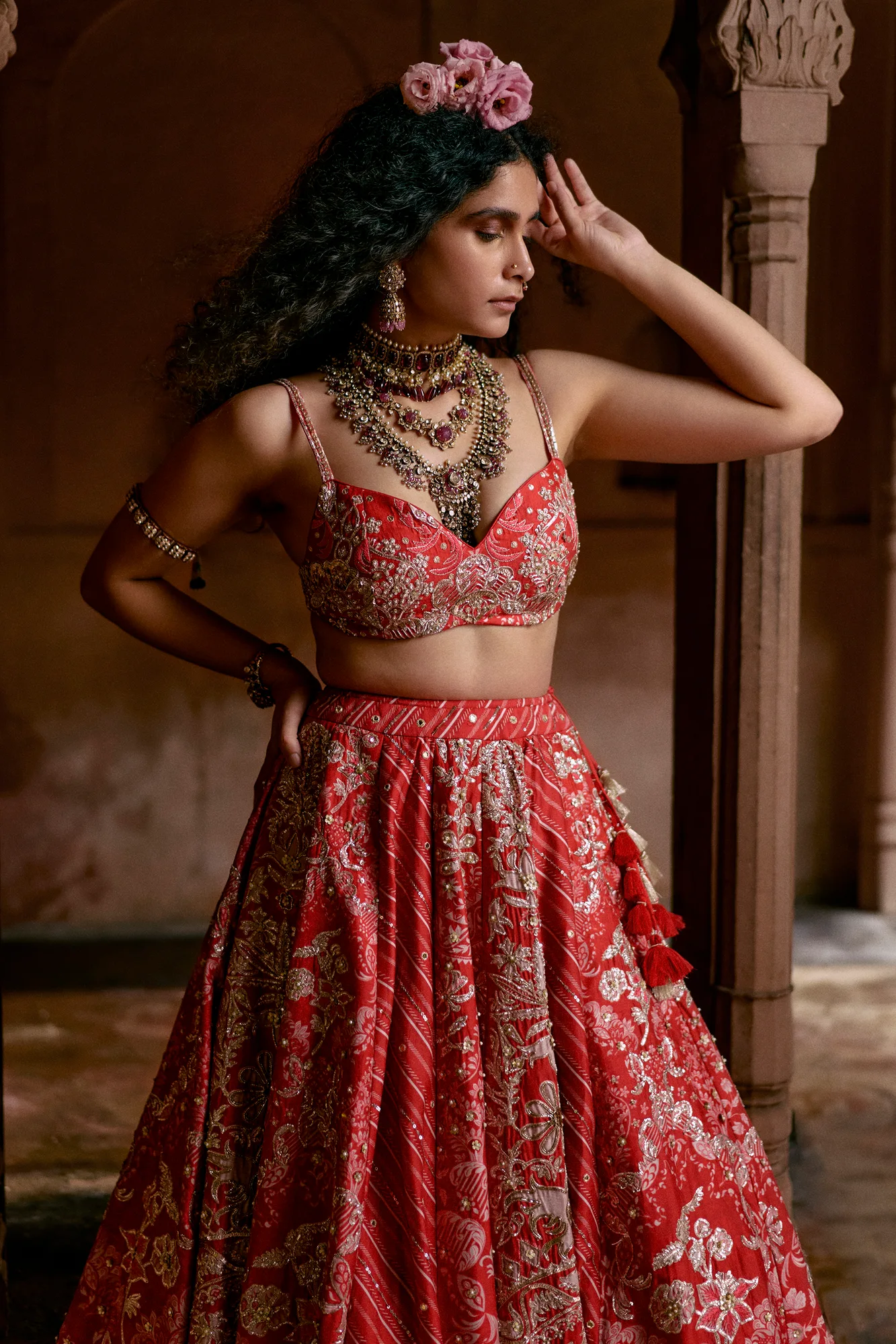 Jean Lehenga Set by Paulmi And Harsh in red, view 2