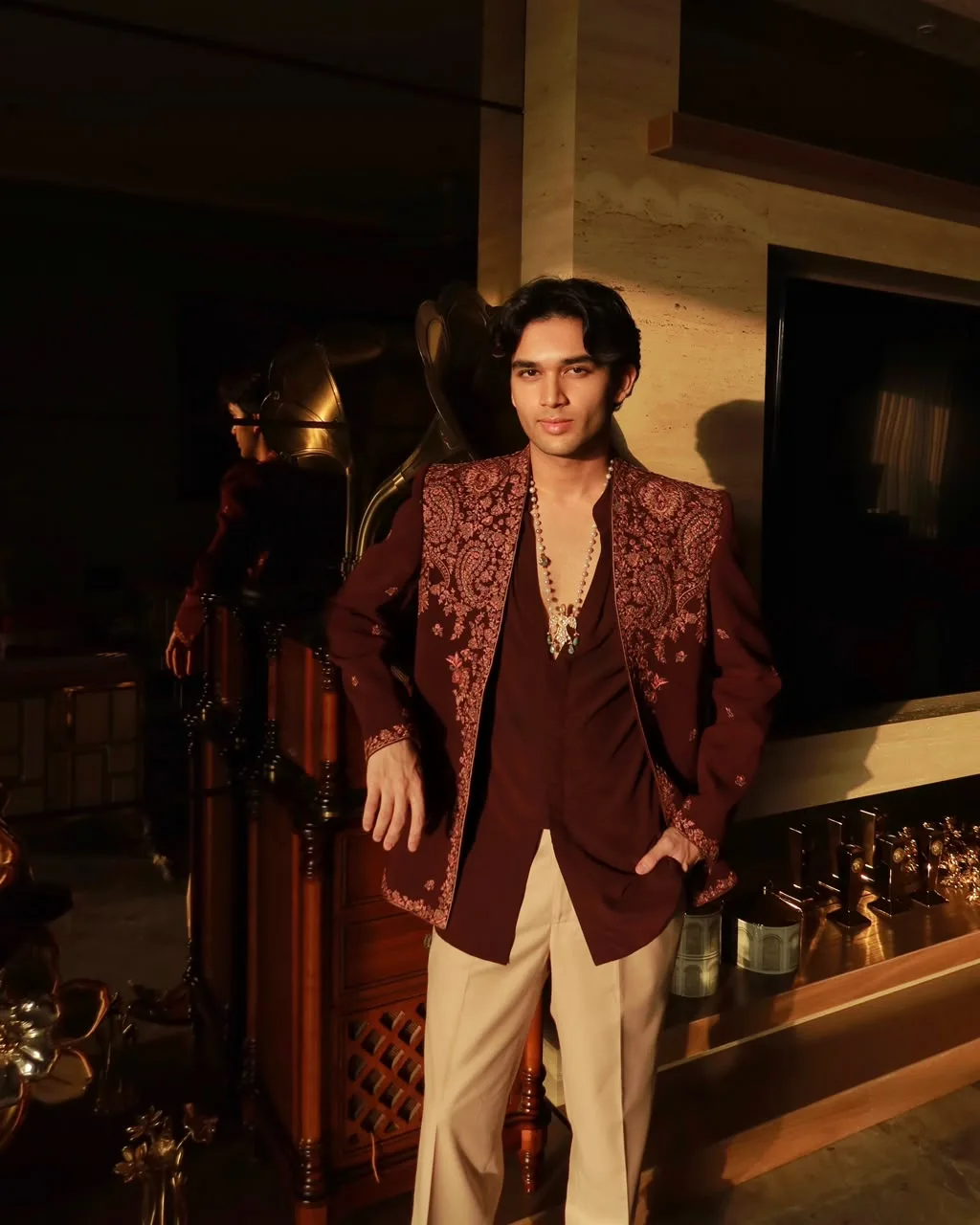 Shrey Singh in Royal Kashida Open Jacket Set by Dolly J in maroon, view 4