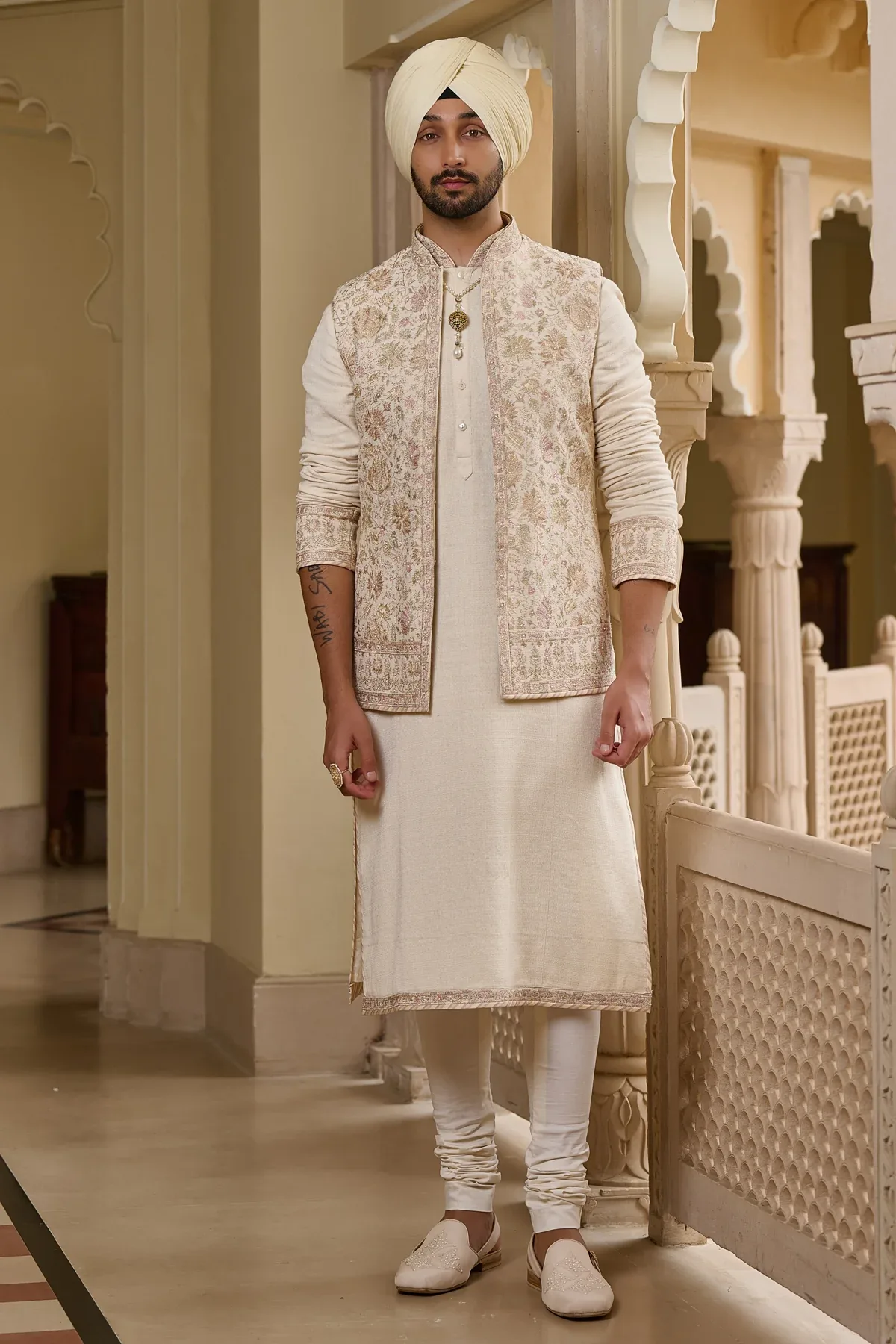 Golden Light Multicolour Embroidered Waistcoat Set by Tarun Tahiliani