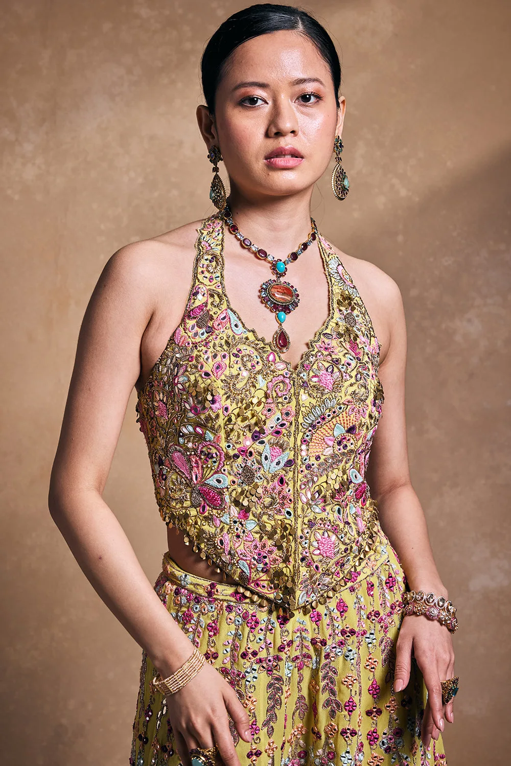 Yellow Georgette High Waist Sharara with Corset by Tamanna Punjabi Kapoor, view 2