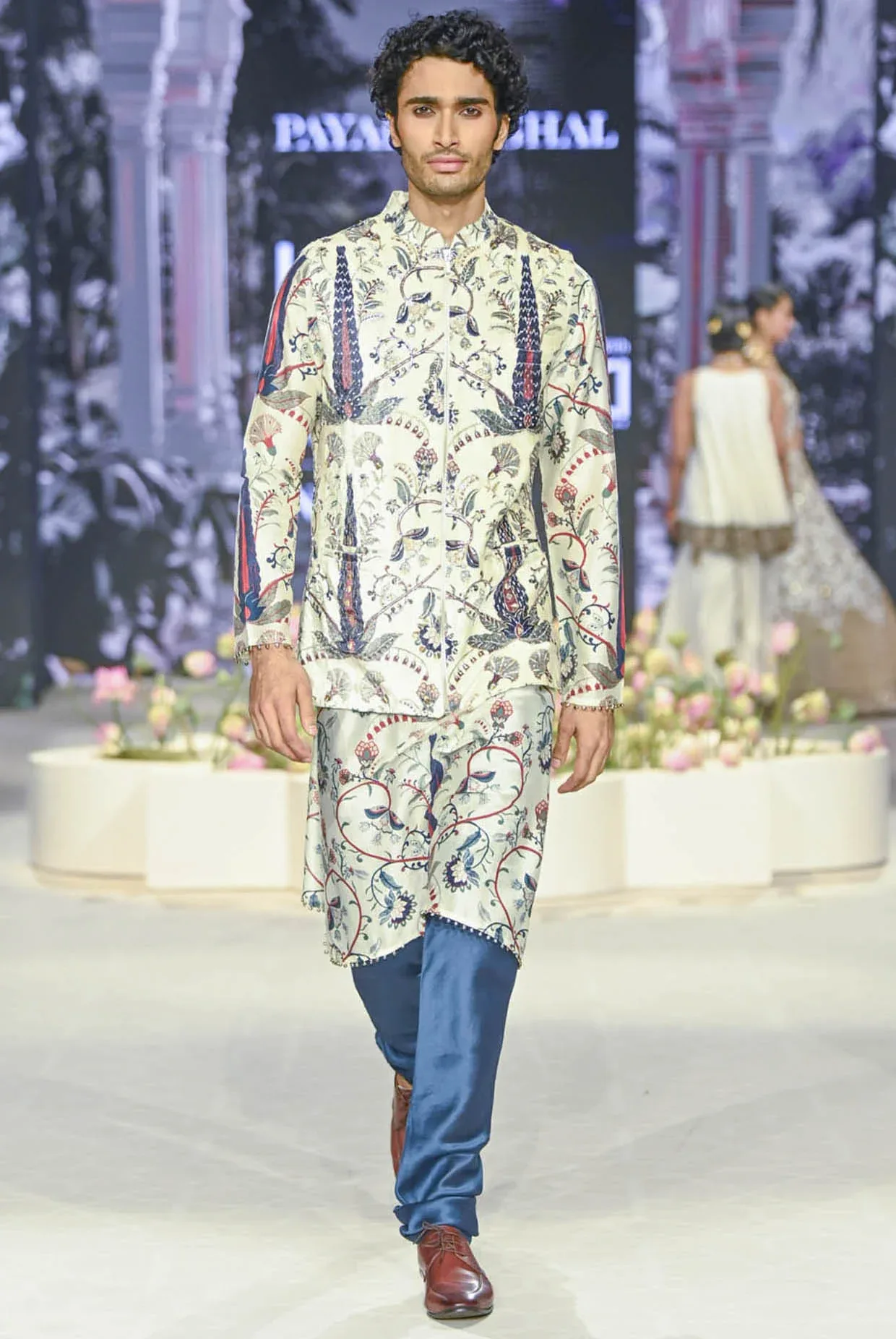 Blue Embroidered Forest Whisper Printed Bandi And Printed Kurta With Churidar by Payal Singhal