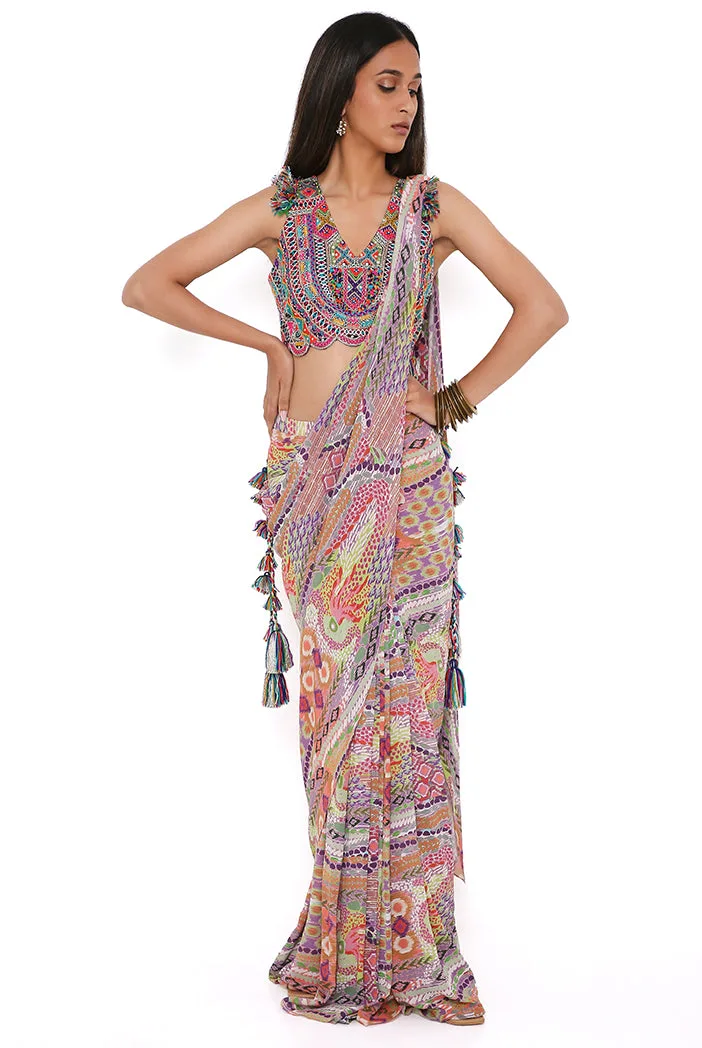 Purple Georgette Embroidered Choli With African Print Georgette Pre-Stitched Saree by Payal Singhal